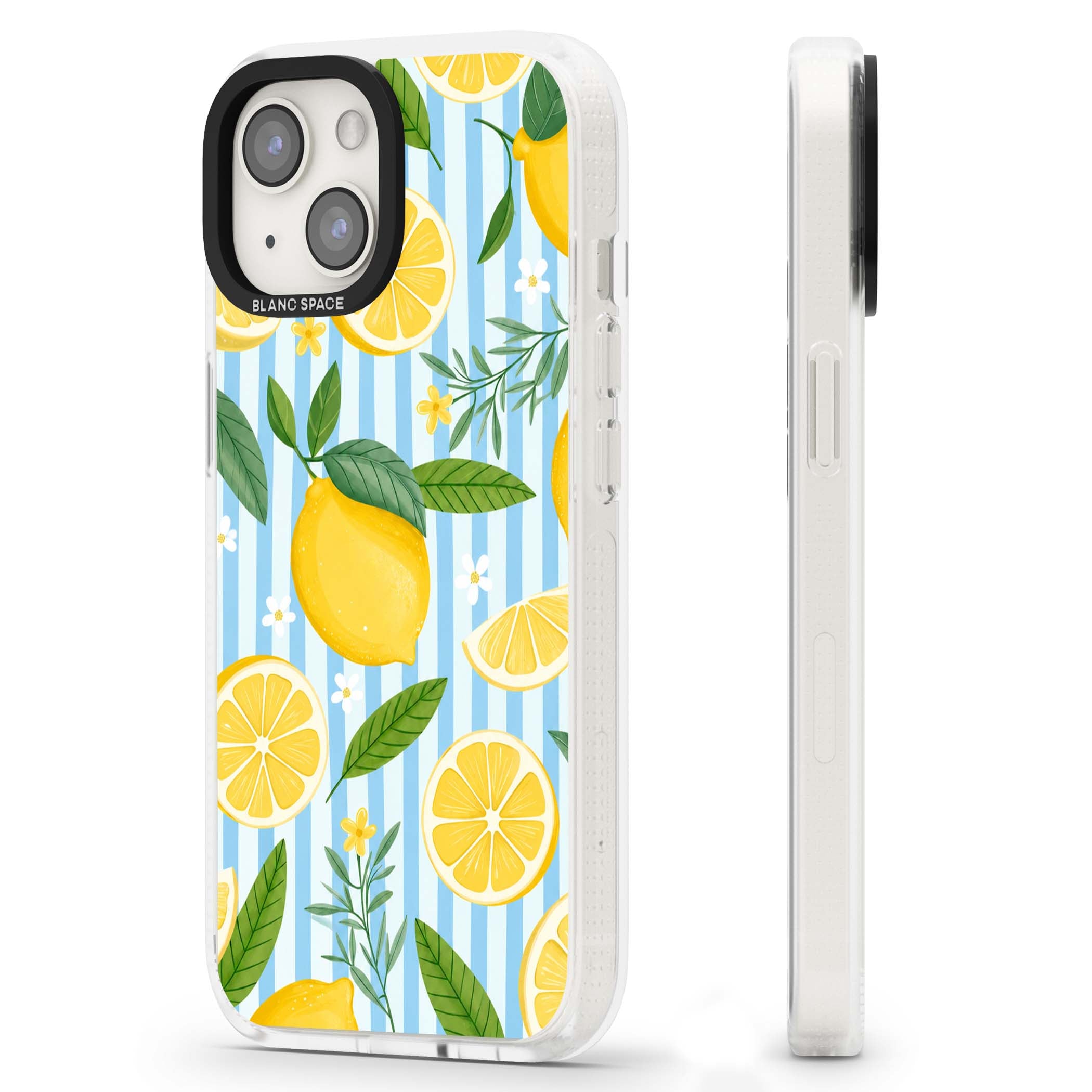 Capri Citrus Stripe coastal iPhone case featuring yellow lemons, blue stripes, and white daisy blossoms | Clear Case Impact Air case for iPhone 15, iPhone 15 Plus