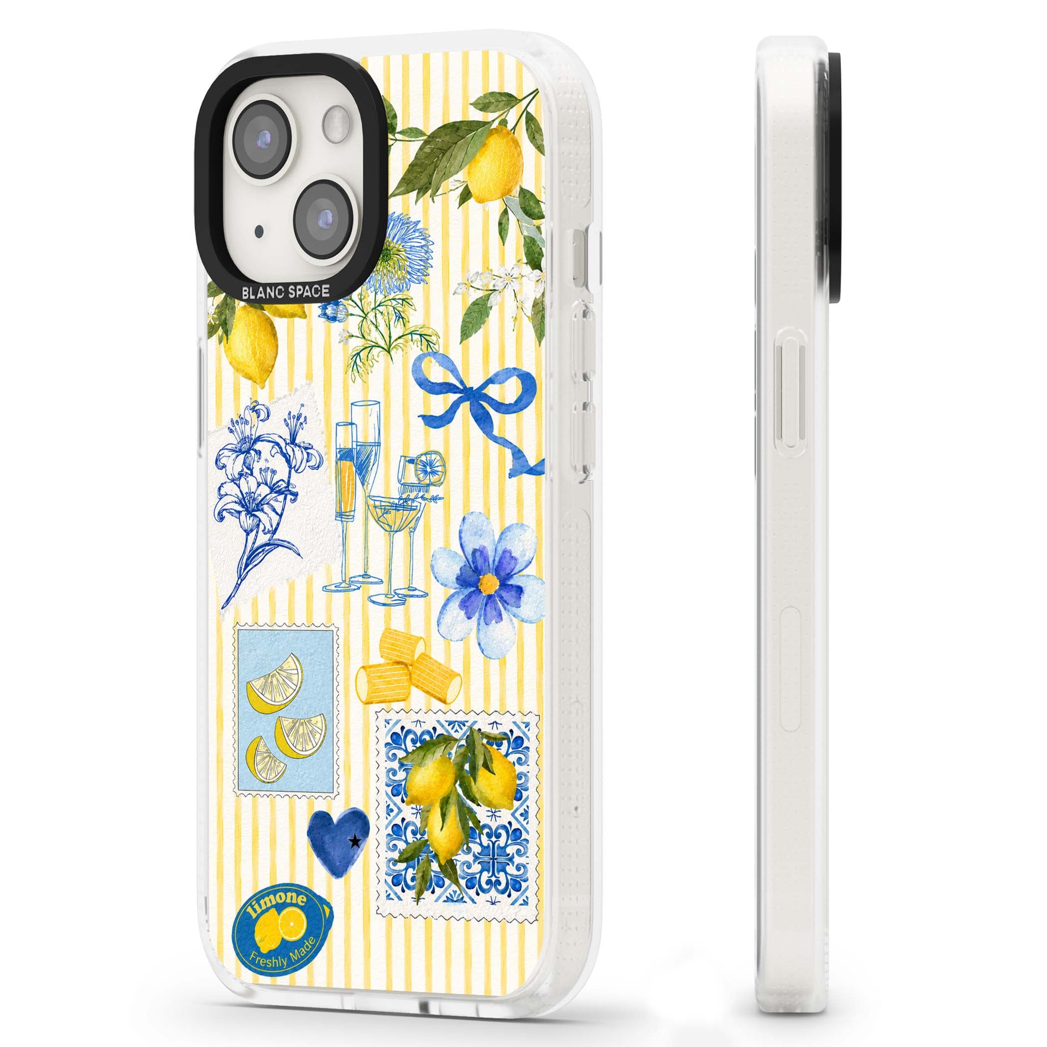 Limone Riviera Italian summer iPhone case featuring watercolour lemons, blue ribbon bows and majolica tile stamps on... | Clear Case Impact Air case for iPhone 15, iPhone 15 Plus
