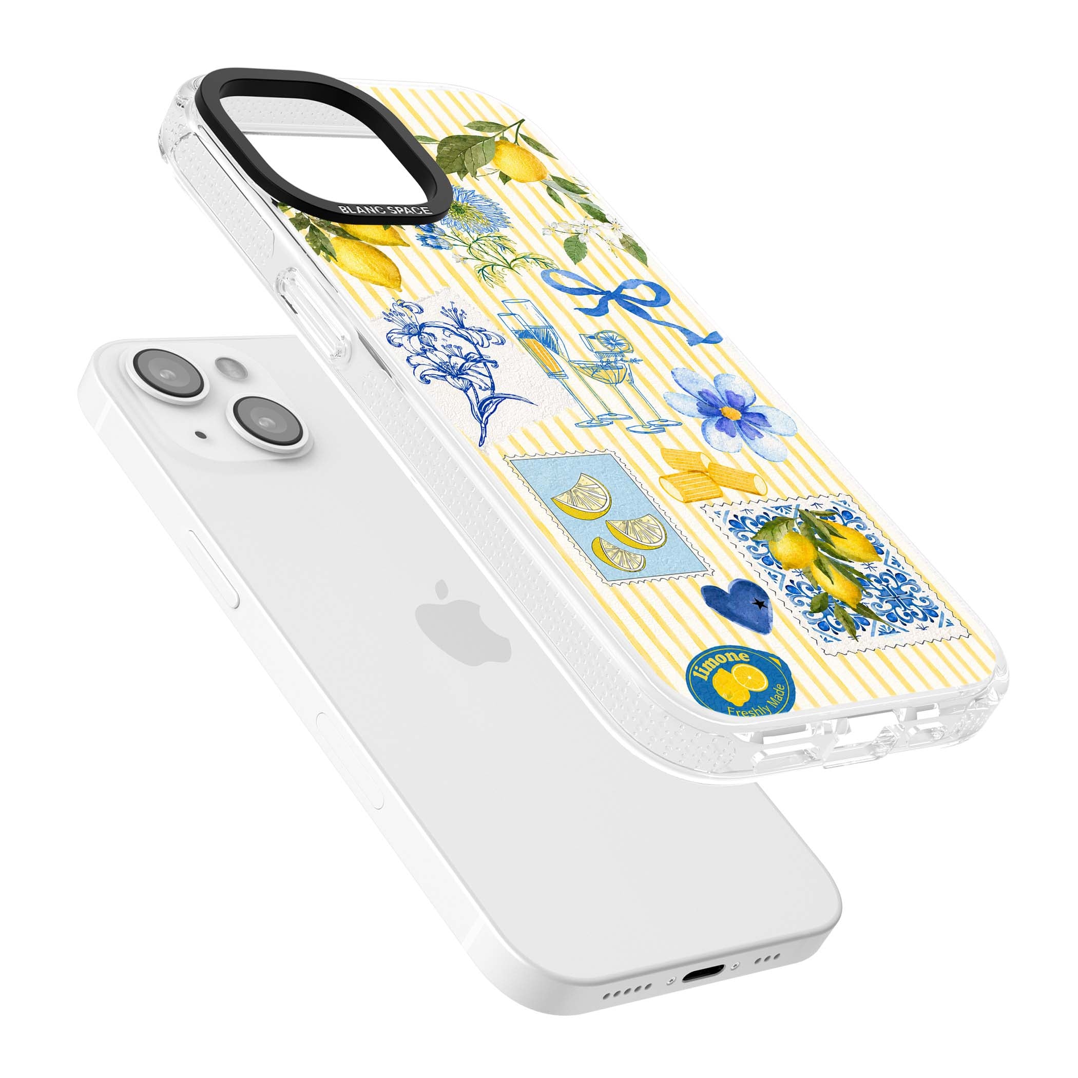 Limone Riviera Italian summer iPhone case featuring watercolour lemons, blue ribbon bows and majolica tile stamps on... | Clear Case Impact Air case for iPhone 15, iPhone 15 Plus