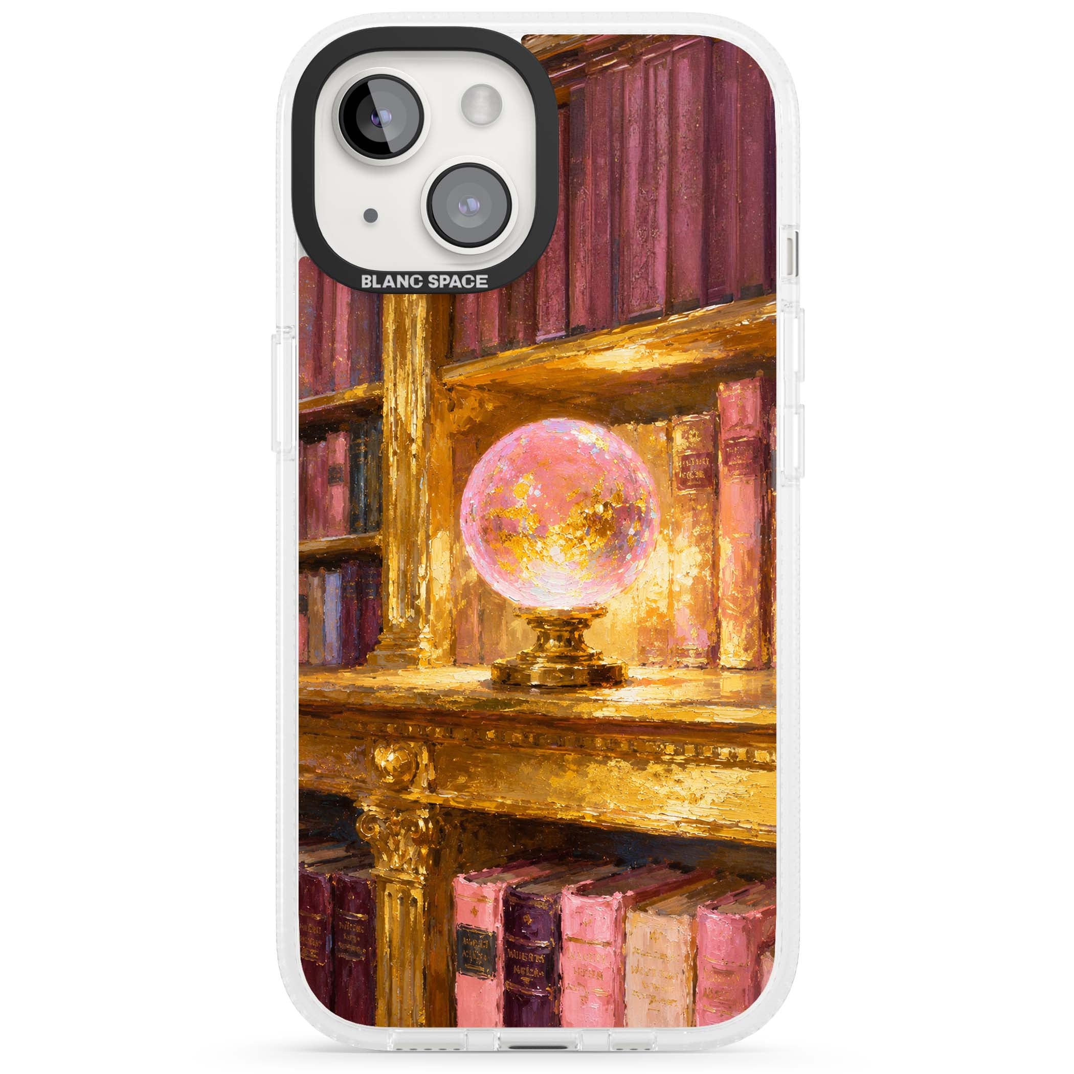 Gilded Library dark academia iPhone case featuring an oil painted crystal ball on a gilded library shelf with vintage | Clear Case Impact Air case for iPhone 15, iPhone 15 Plus