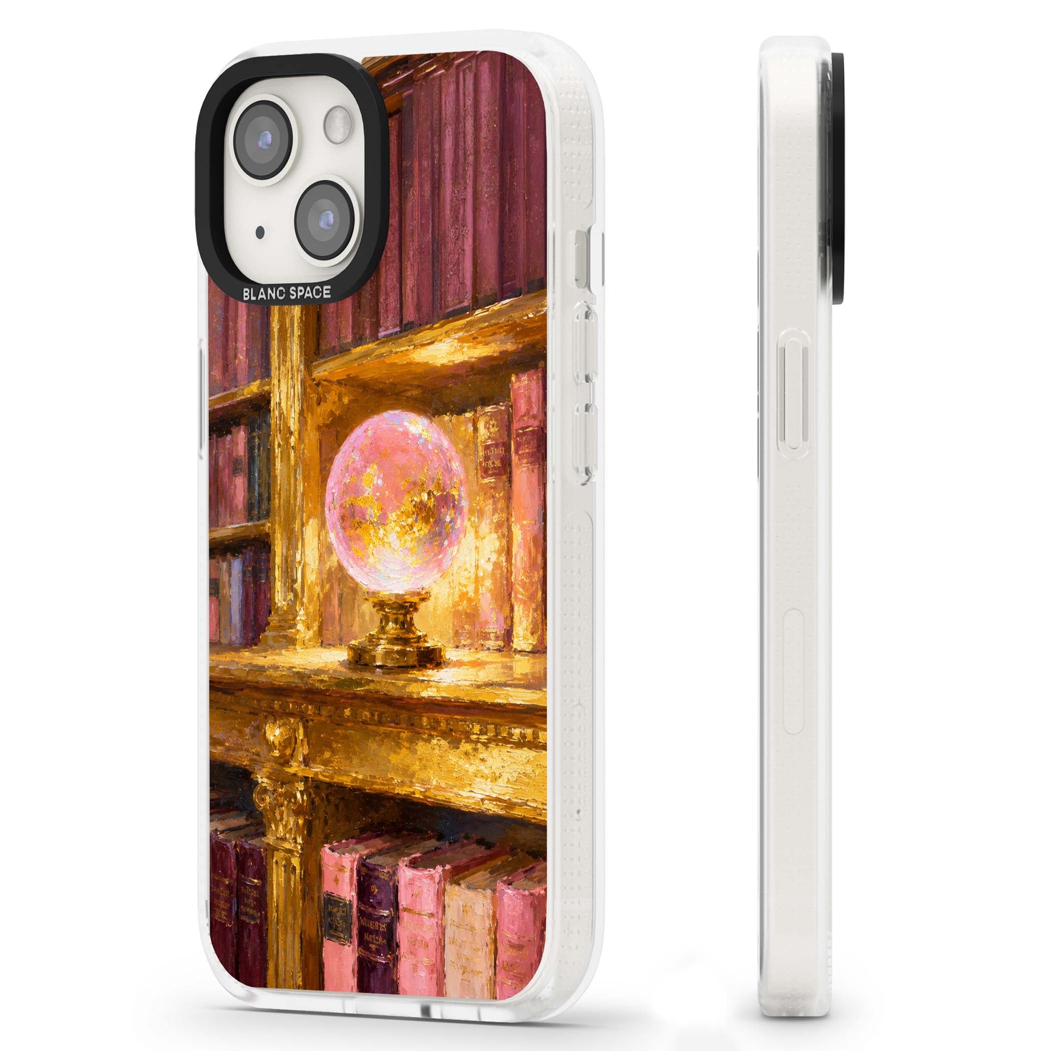 Gilded Library dark academia iPhone case featuring an oil painted crystal ball on a gilded library shelf with vintage | Clear Case Impact Air case for iPhone 15, iPhone 15 Plus