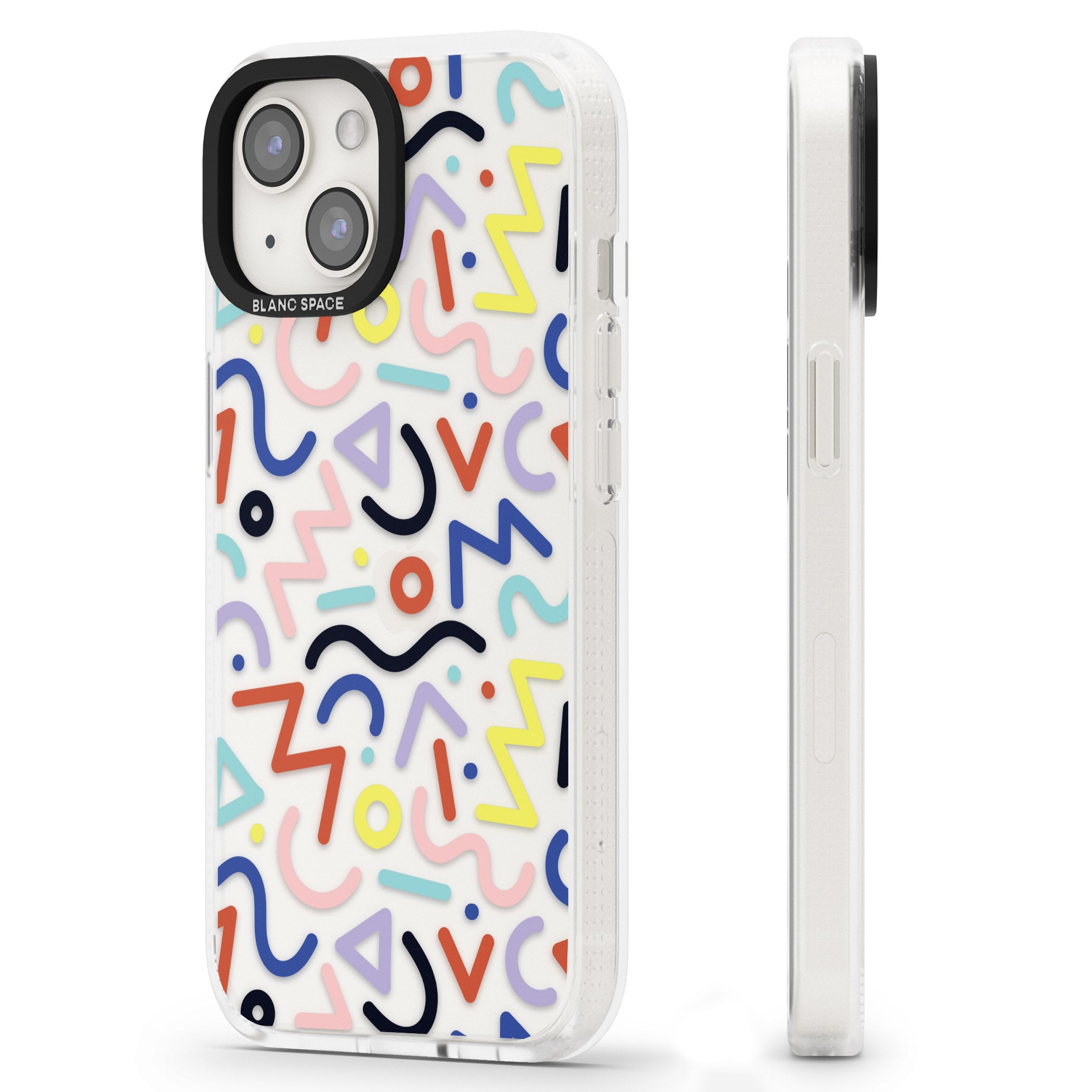 Colourful Squiggles Memphis Retro Pattern Design iPhone 15 / 14 / 13 Clear Case Impact Air - Blanc Space