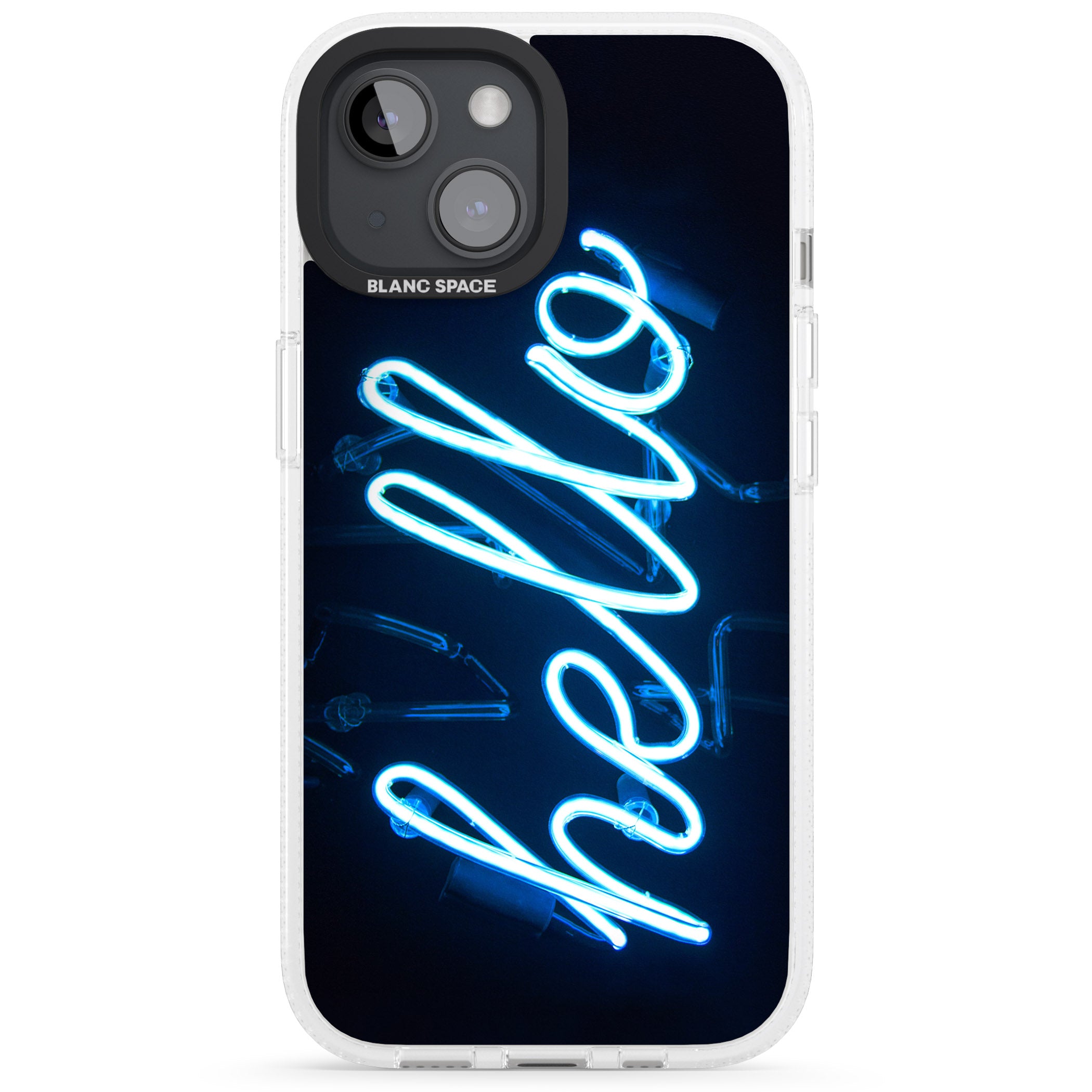 "Hello" Blue Cursive Neon Sign iPhone 15 / 14 / 13 Clear Case Impact Air - Blanc Space