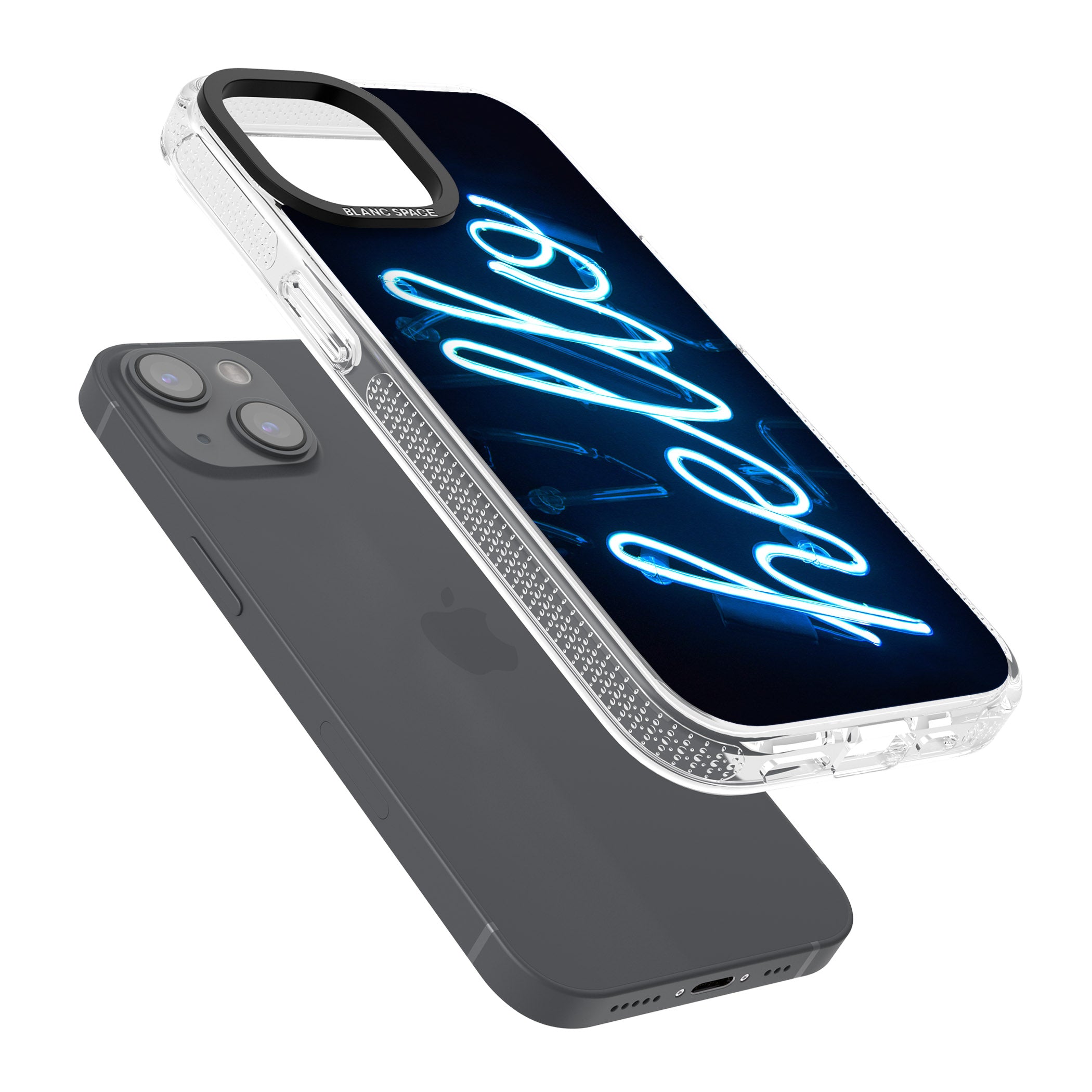 "Hello" Blue Cursive Neon Sign iPhone 15 / 14 / 13 Clear Case Impact Air - Blanc Space