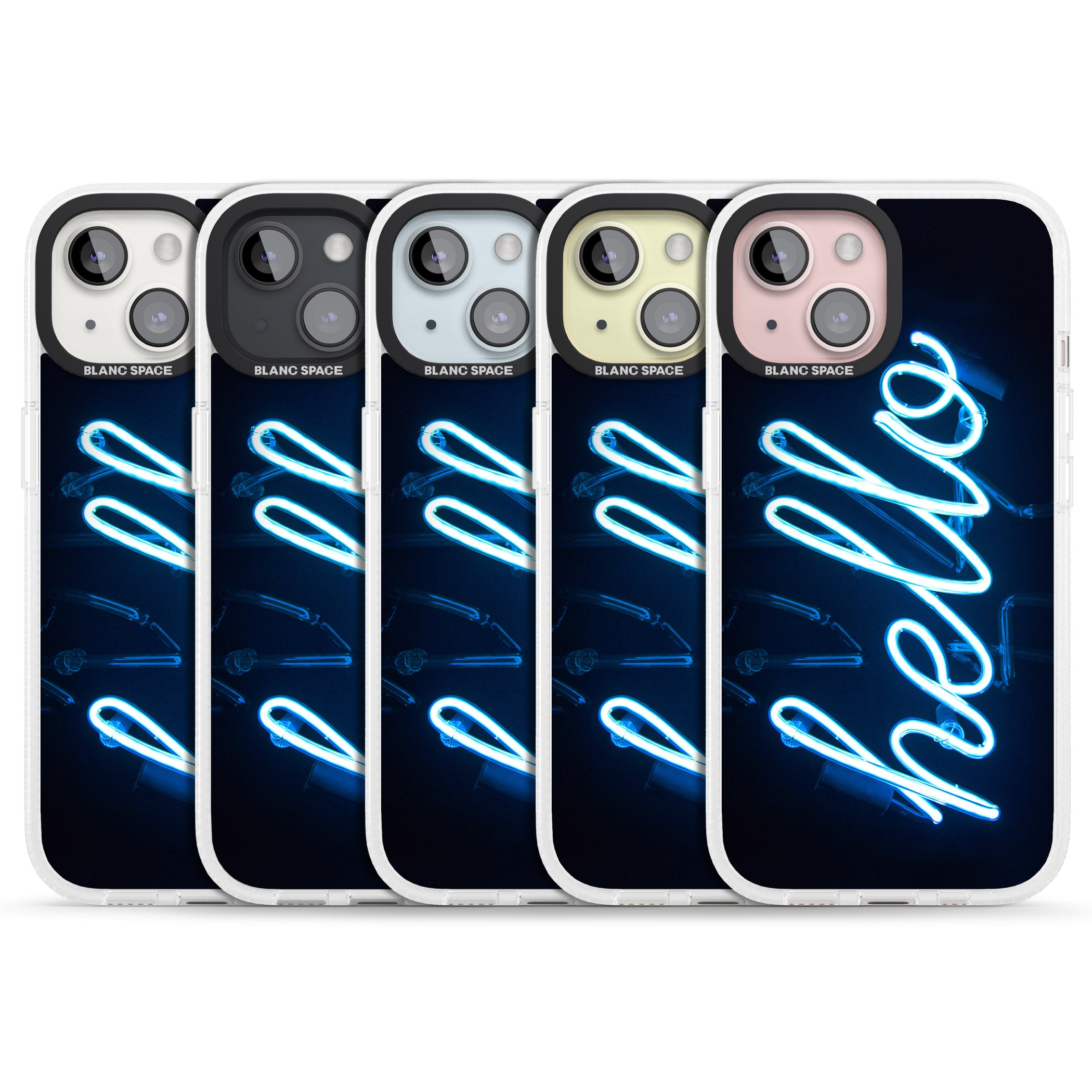 "Hello" Blue Cursive Neon Sign iPhone 15 / 14 / 13 Clear Case Impact Air - Blanc Space