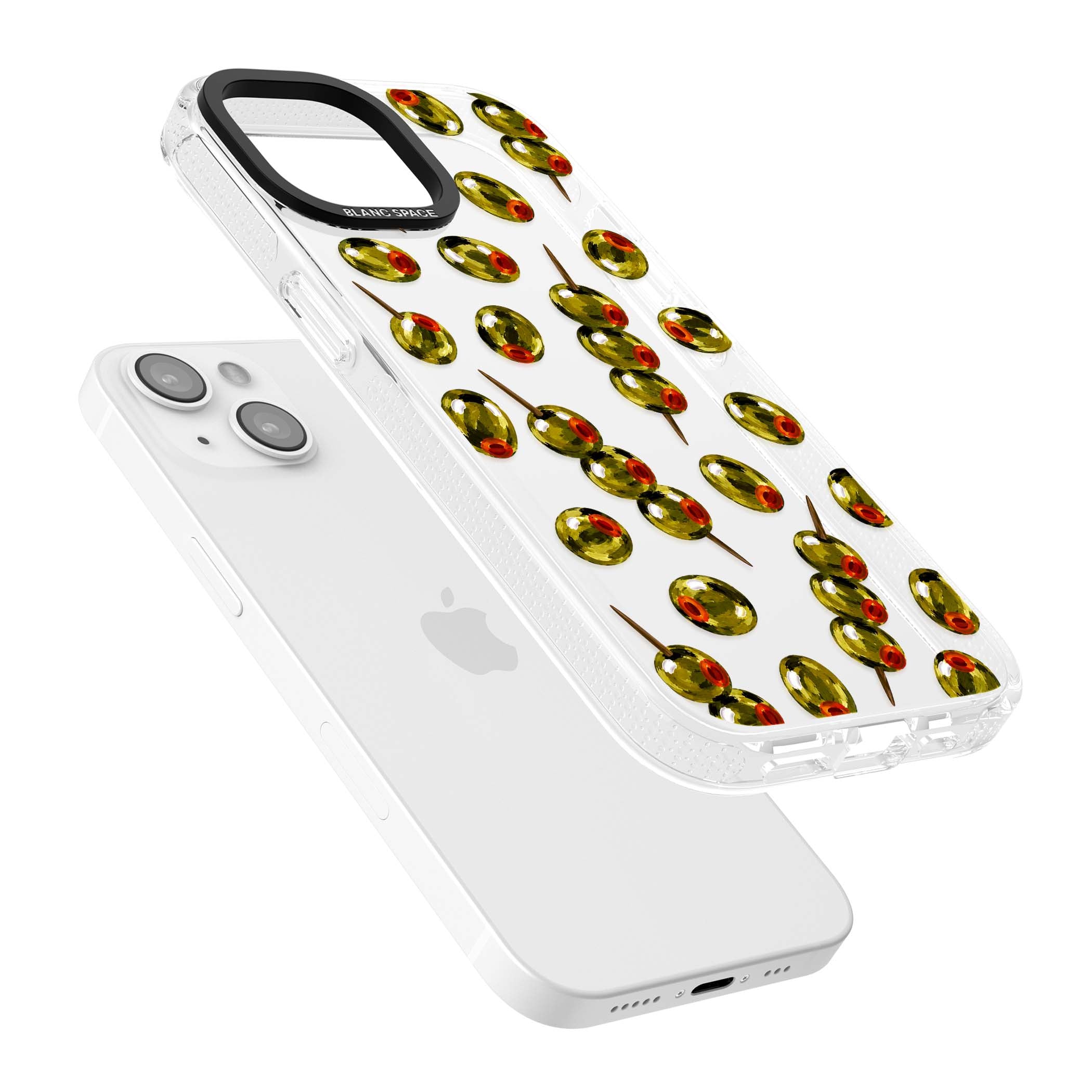 Painted Olives cocktail iPhone case featuring green olives, pimento centres and toothpick skewers on a clear background | Clear Case Impact Air case for iPhone 15, iPhone 15 Plus