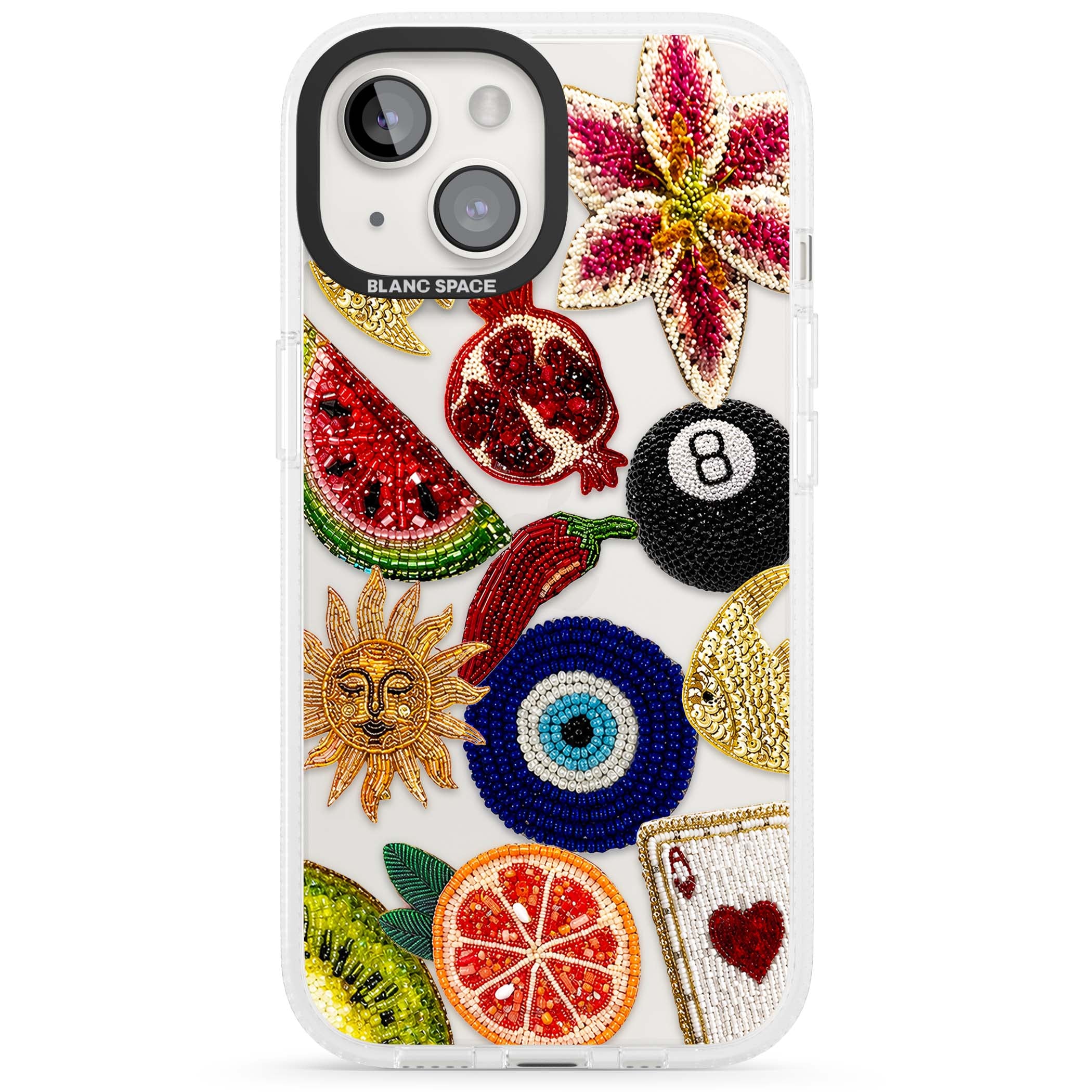 Beaded Charms embroidery iPhone case featuring beaded evil eye, fruit patches and a golden sun motif | Clear Case Impact Air case for iPhone 15, iPhone 15 Plus