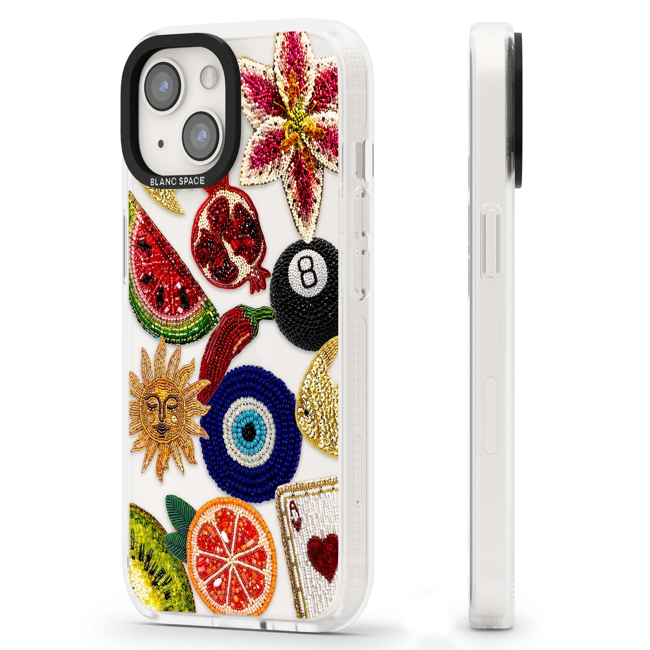 Beaded Charms embroidery iPhone case featuring beaded evil eye, fruit patches and a golden sun motif | Clear Case Impact Air case for iPhone 15, iPhone 15 Plus