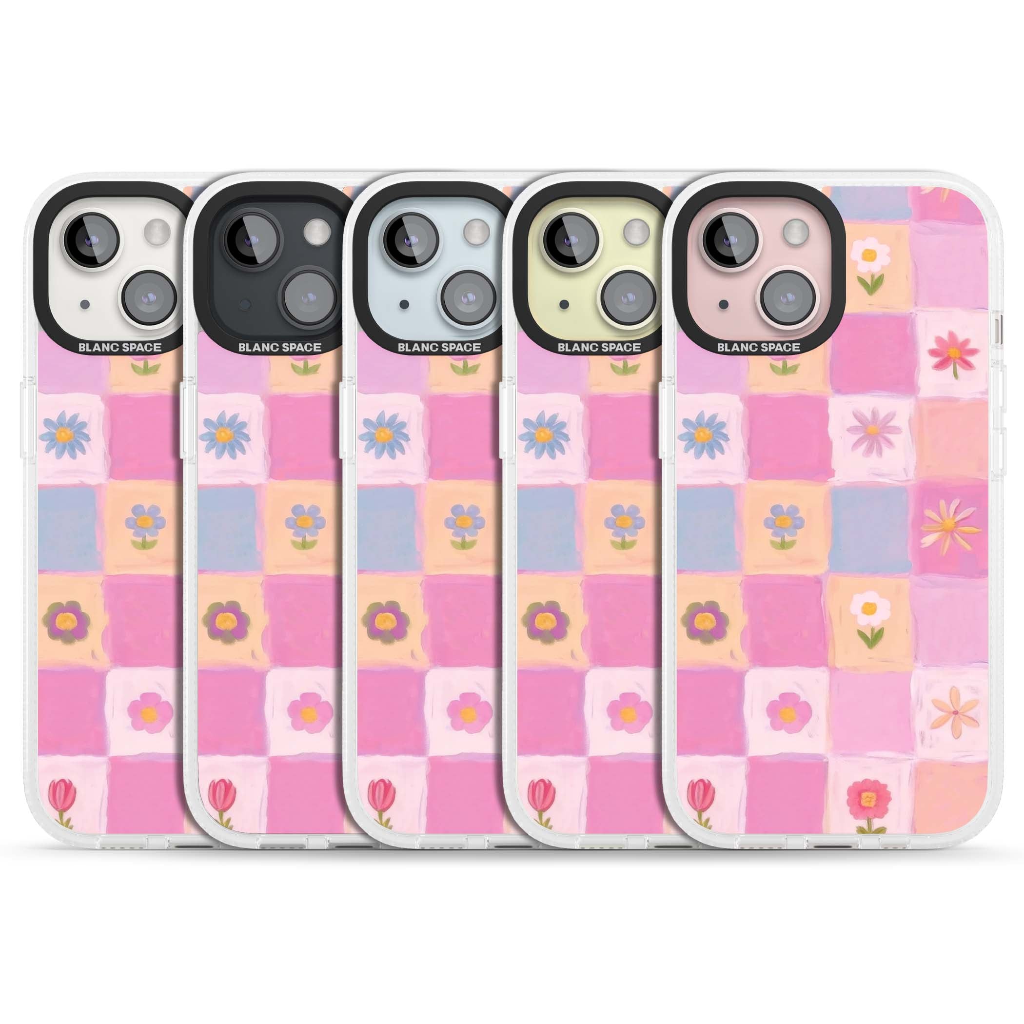 Pastel Flower Patchwork cottagecore iPhone case featuring painted pink and lilac squares with daisies and wildflowers | Clear Case Impact Air case for iPhone 15, iPhone 15 Plus