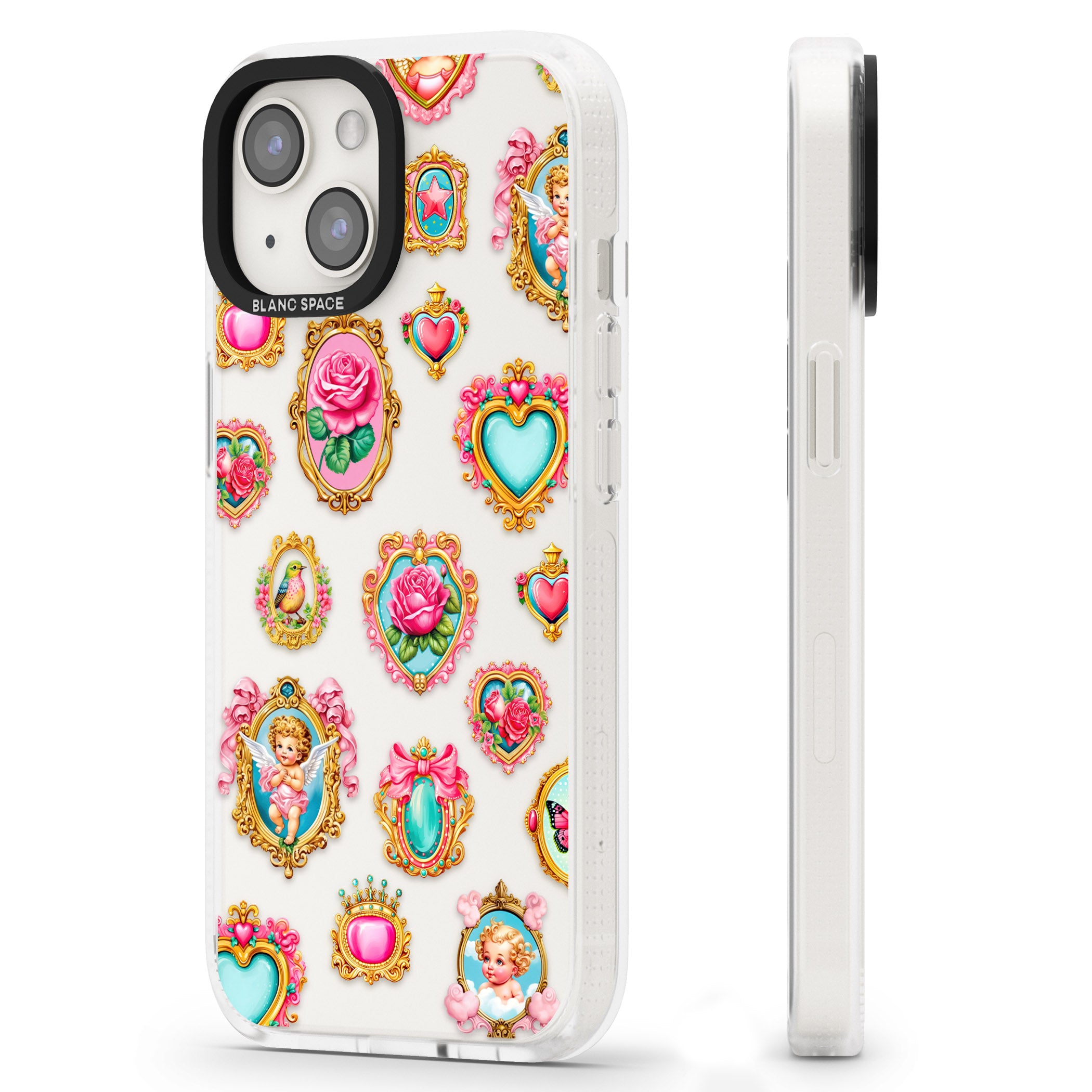 Angelcore Hearts & Frames iPhone 15 / 14 / 13 Clear Case Impact Air - Blanc Space