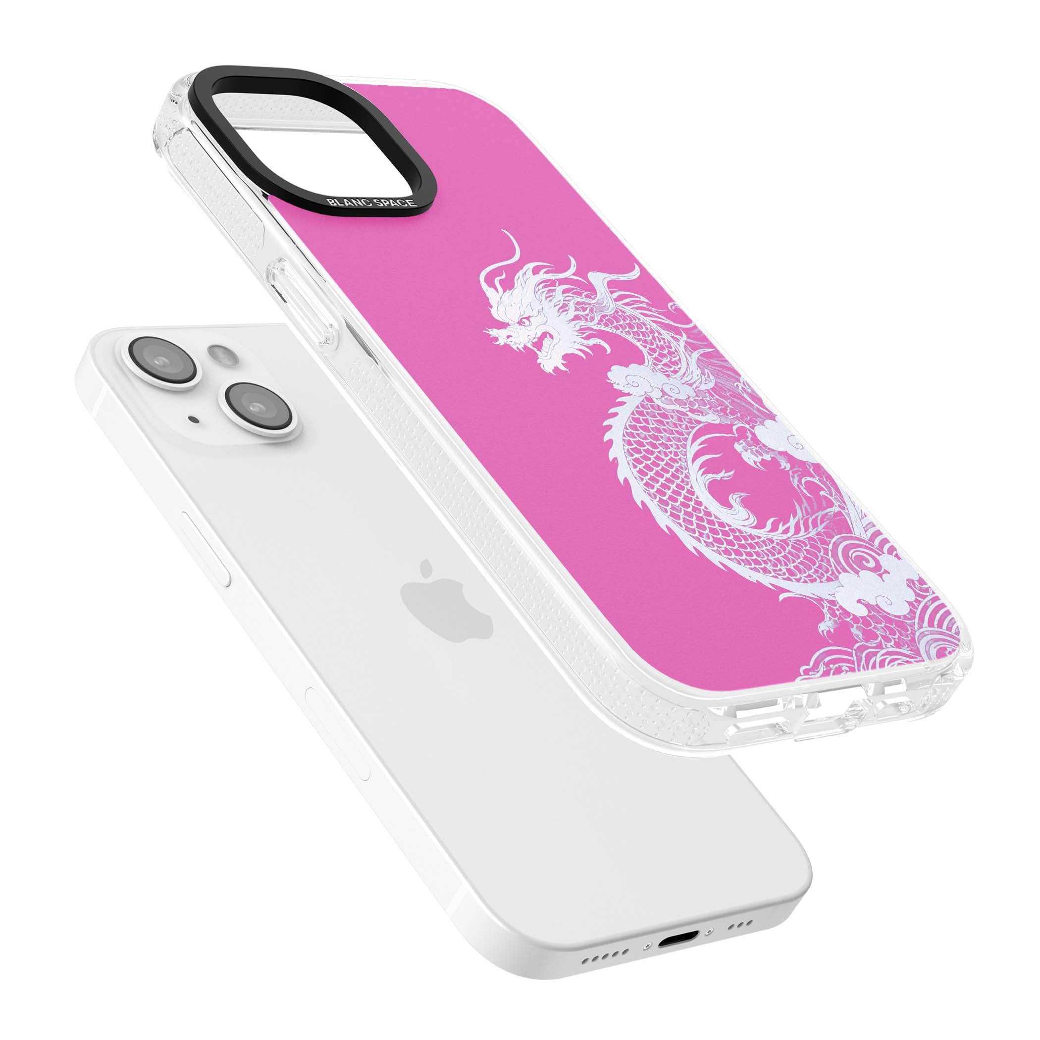 Pink Empress chinese dragon iPhone case featuring a white dragon, swirling clouds and pink dragon wallpaper backdrop | Clear Case Impact Air case for iPhone 15, iPhone 15 Plus