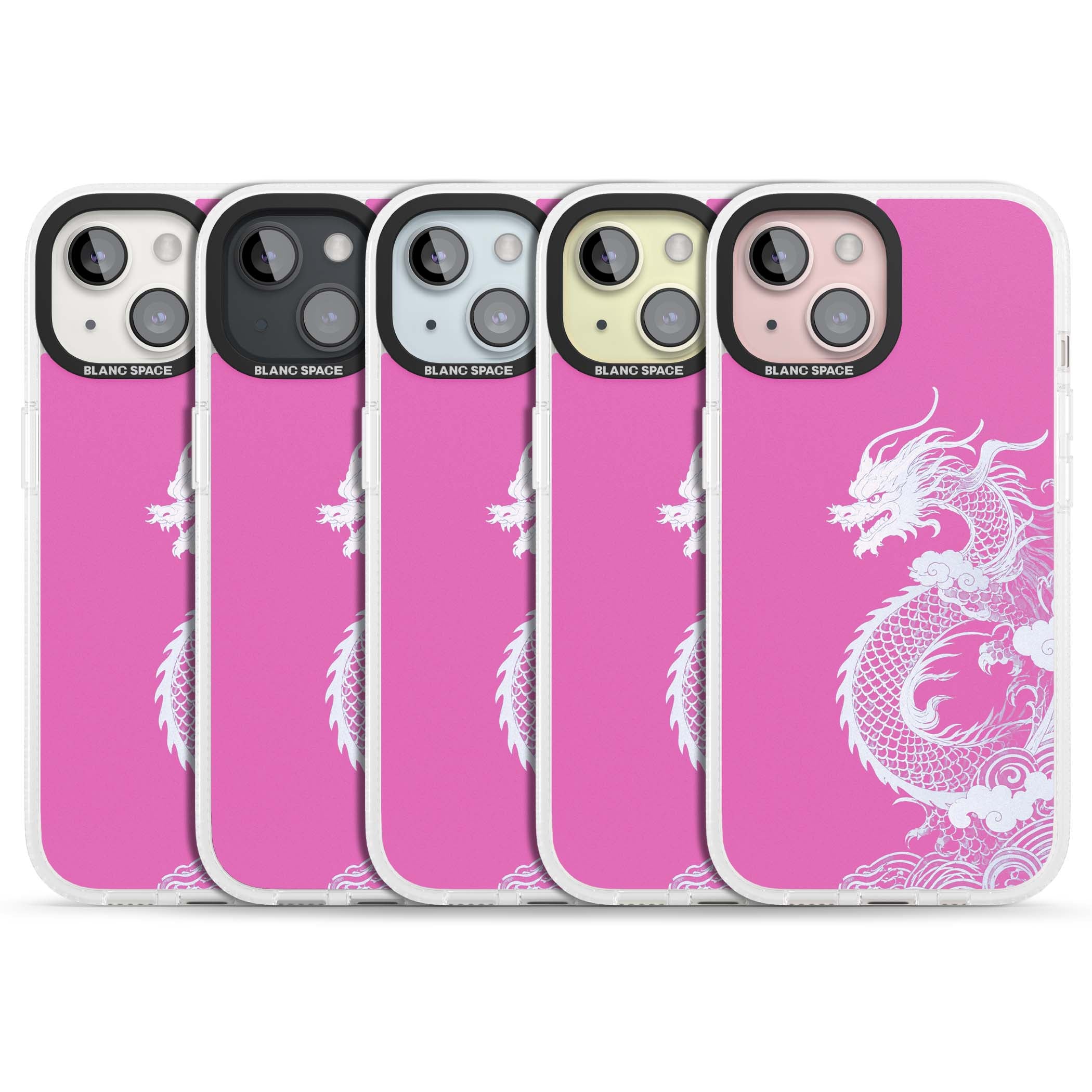 Pink Empress chinese dragon iPhone case featuring a white dragon, swirling clouds and pink dragon wallpaper backdrop | Clear Case Impact Air case for iPhone 15, iPhone 15 Plus