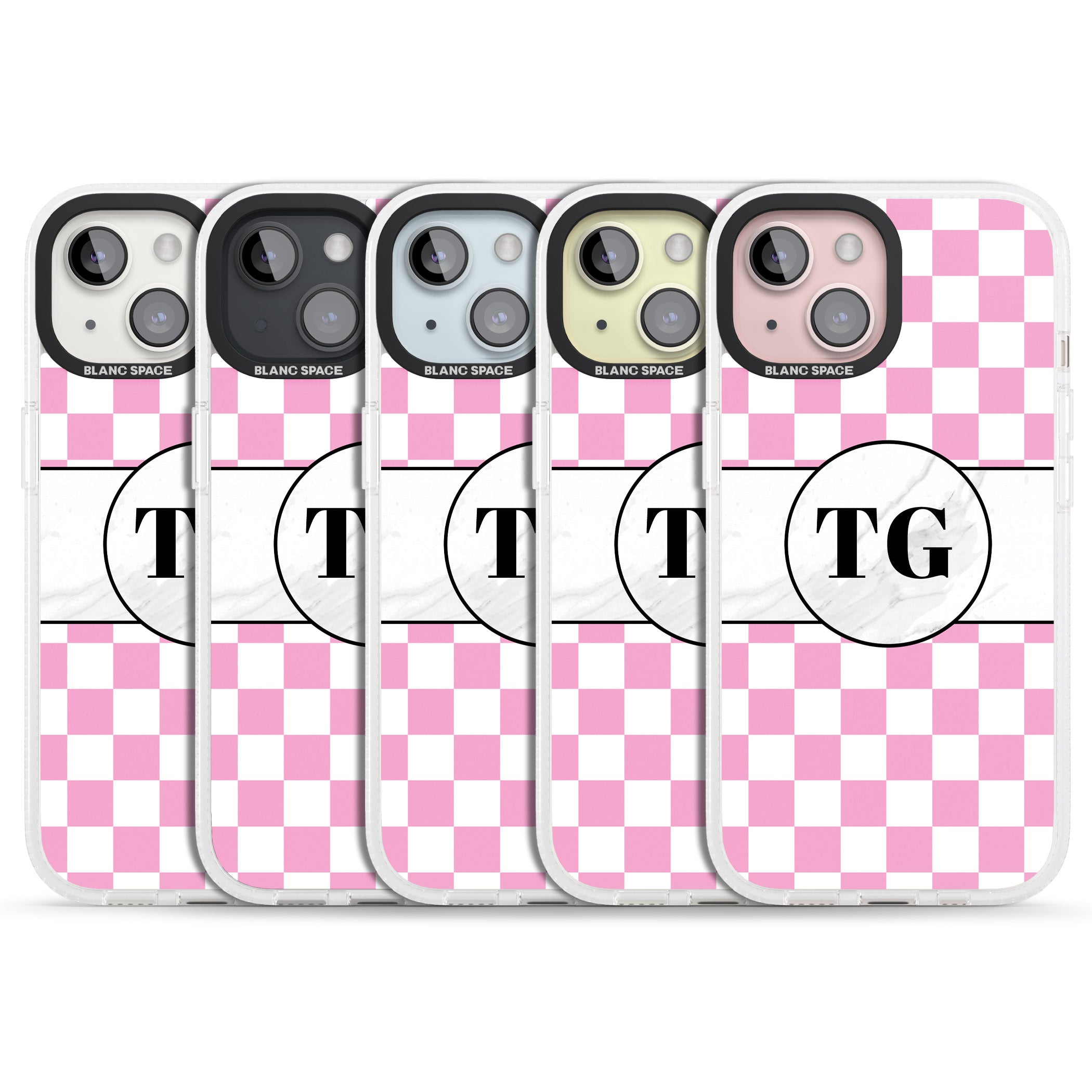 Personalised Monogrammed Pink Check iPhone 15 / 14 / 13 Clear Case Impact Air - Blanc Space