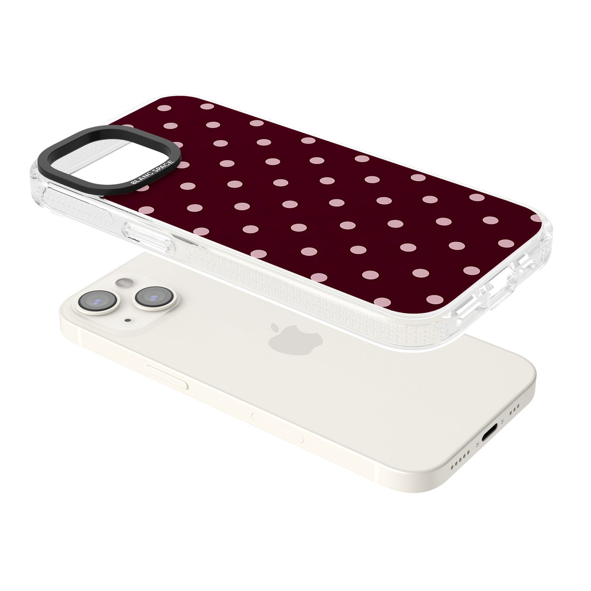 Merlot Dots polka dot iPhone case featuring dusty pink spots on a deep burgundy background in a retro grid iPhone 12 / 12 Pro / iPhone 12 / iPhone 12 Pro / iPhone 13 / iPhone 14 / iPhone 14 Plus / iPhone 15 / iPhone 15 Plus Impact Air Phone Case angled