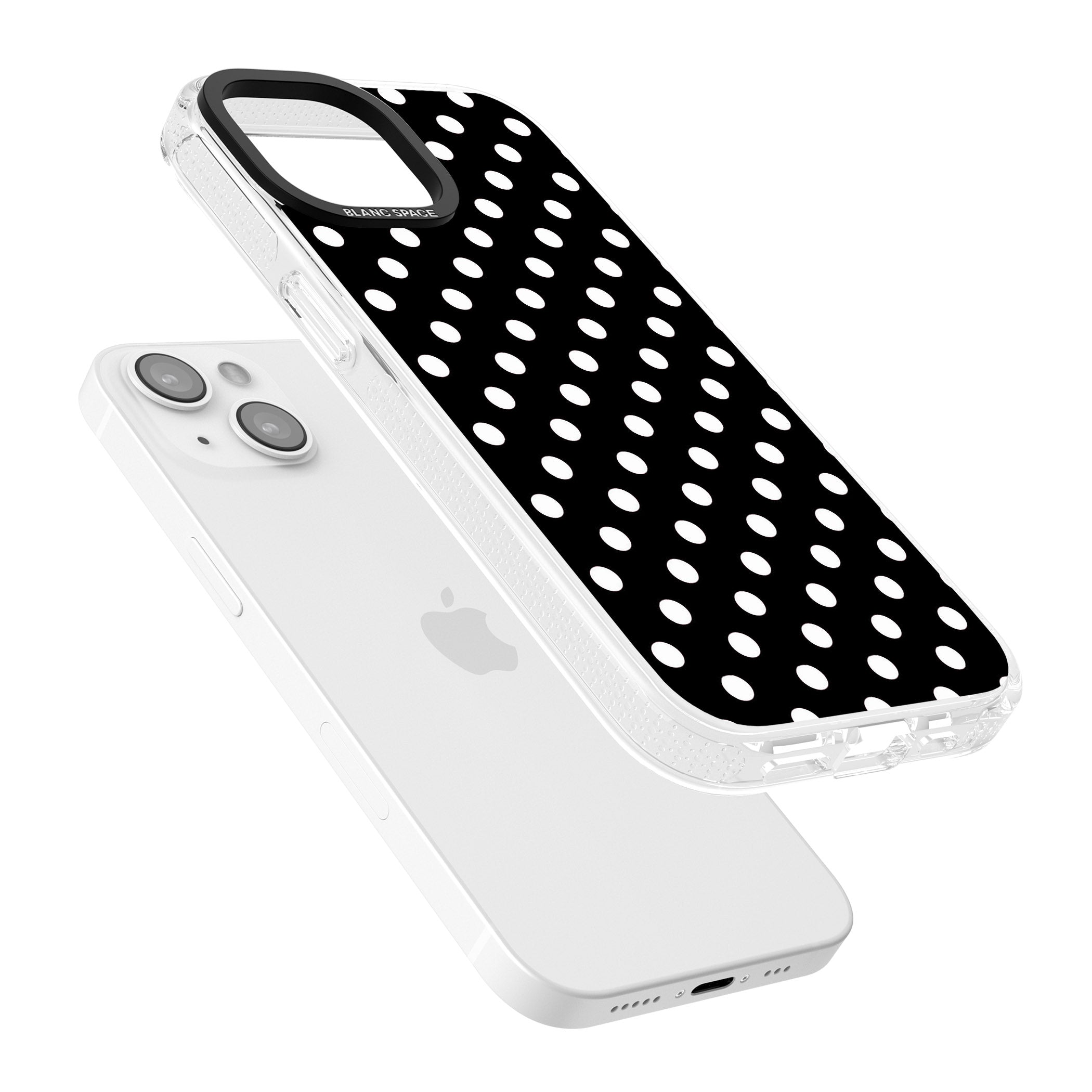 Designer Chic Black Polka Dot iPhone 15 / 14 / 13 Clear Case Impact Air - Blanc Space