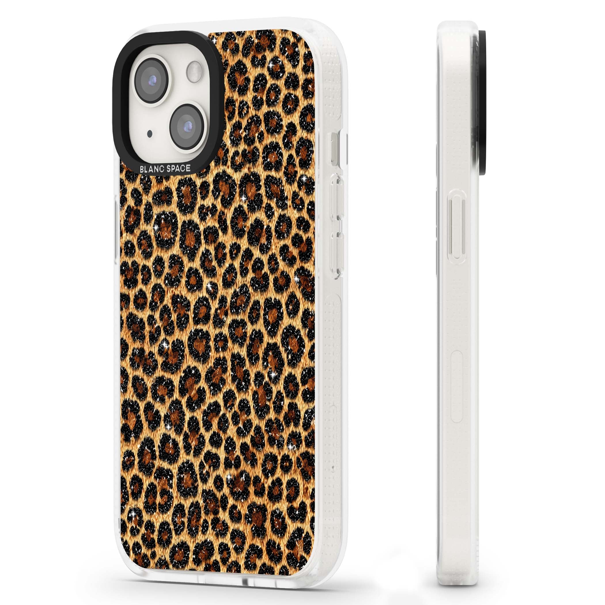 Diamond Leopard leopard print iPhone case featuring golden tan fur, black rosette spots and subtle glitter sparkle | Clear Case Impact Air case for iPhone 15, iPhone 15 Plus