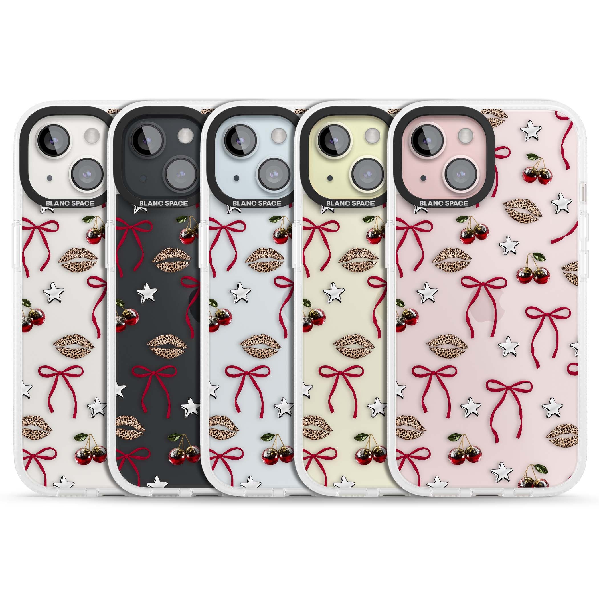 Starlet coquette iPhone case featuring red ribbon bows, disco cherries and leopard-print lips | Clear Case Impact Air case for iPhone 15, iPhone 15 Plus