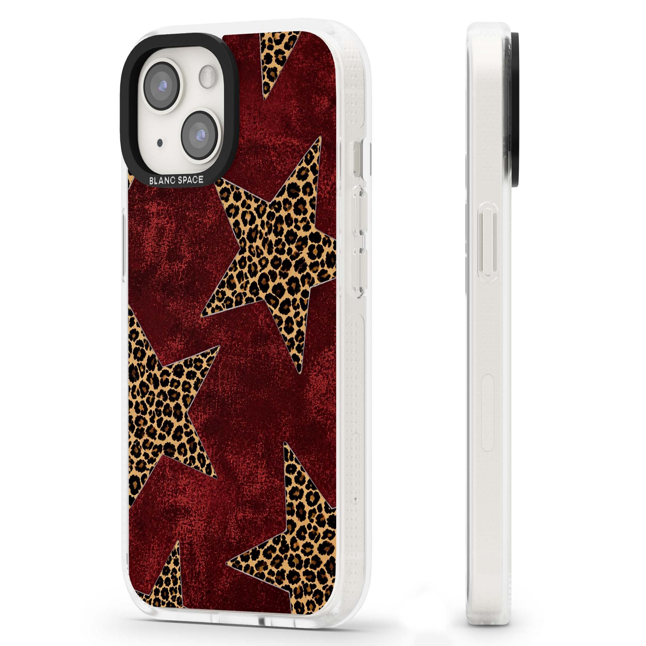 Showgirl leopard print iPhone case featuring cheetah print stars on distressed red grunge background | Clear Case Impact Air case for iPhone 15, iPhone 15 Plus