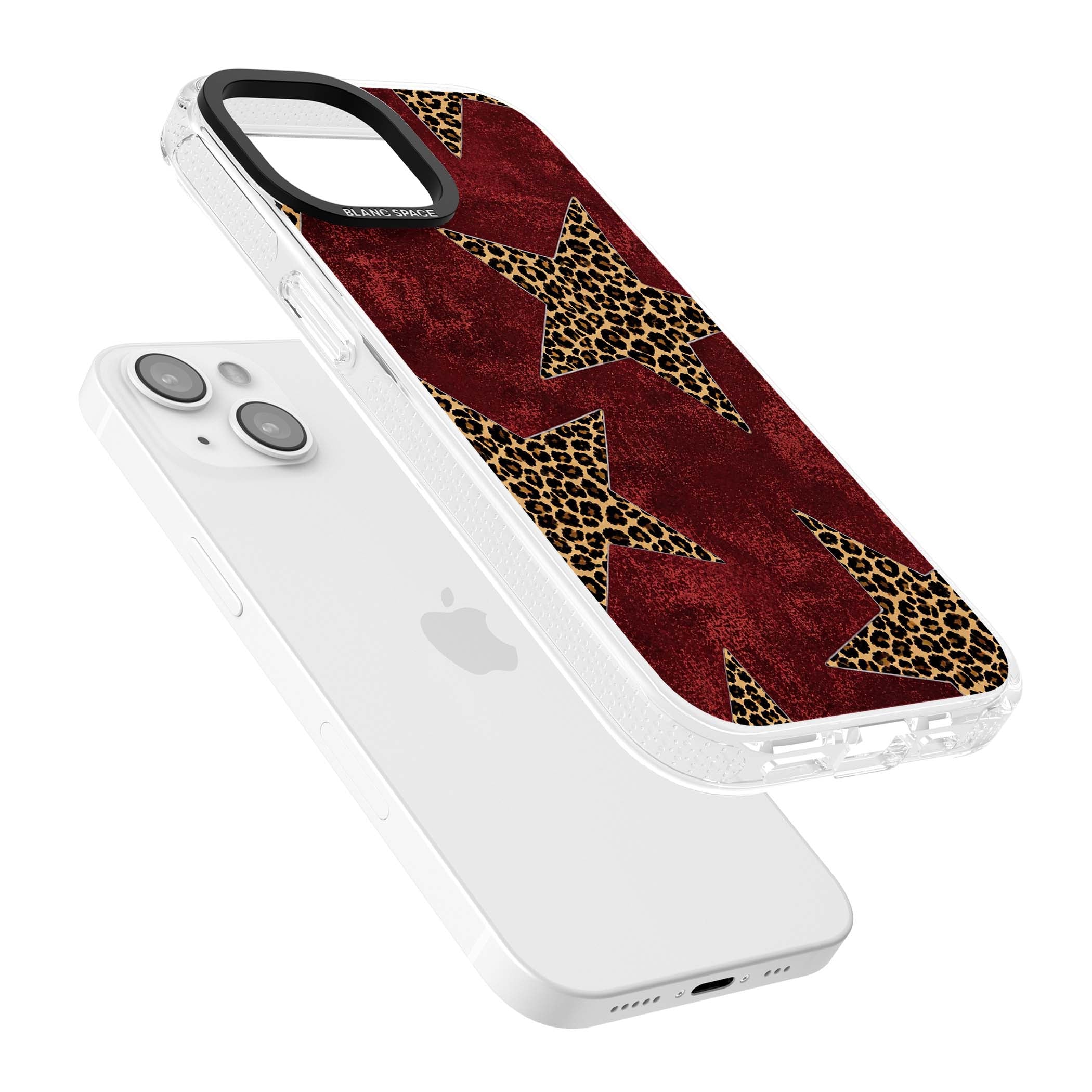 Showgirl leopard print iPhone case featuring cheetah print stars on distressed red grunge background | Clear Case Impact Air case for iPhone 15, iPhone 15 Plus