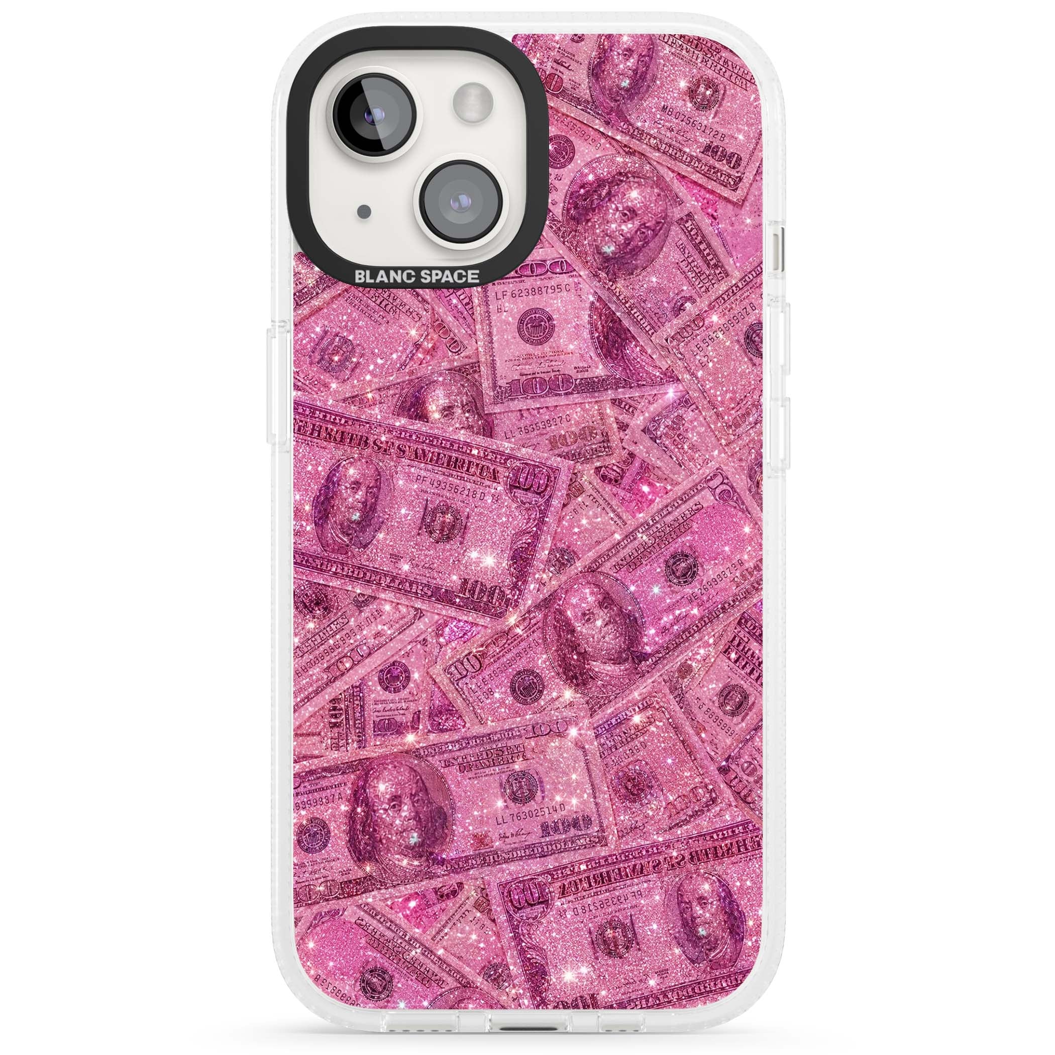 Glamorous baddie iPhone case featuring pink glitter hundred dollar bills and sparkling money wallpaper design | Clear Case Impact Air case for iPhone 15, iPhone 15 Plus