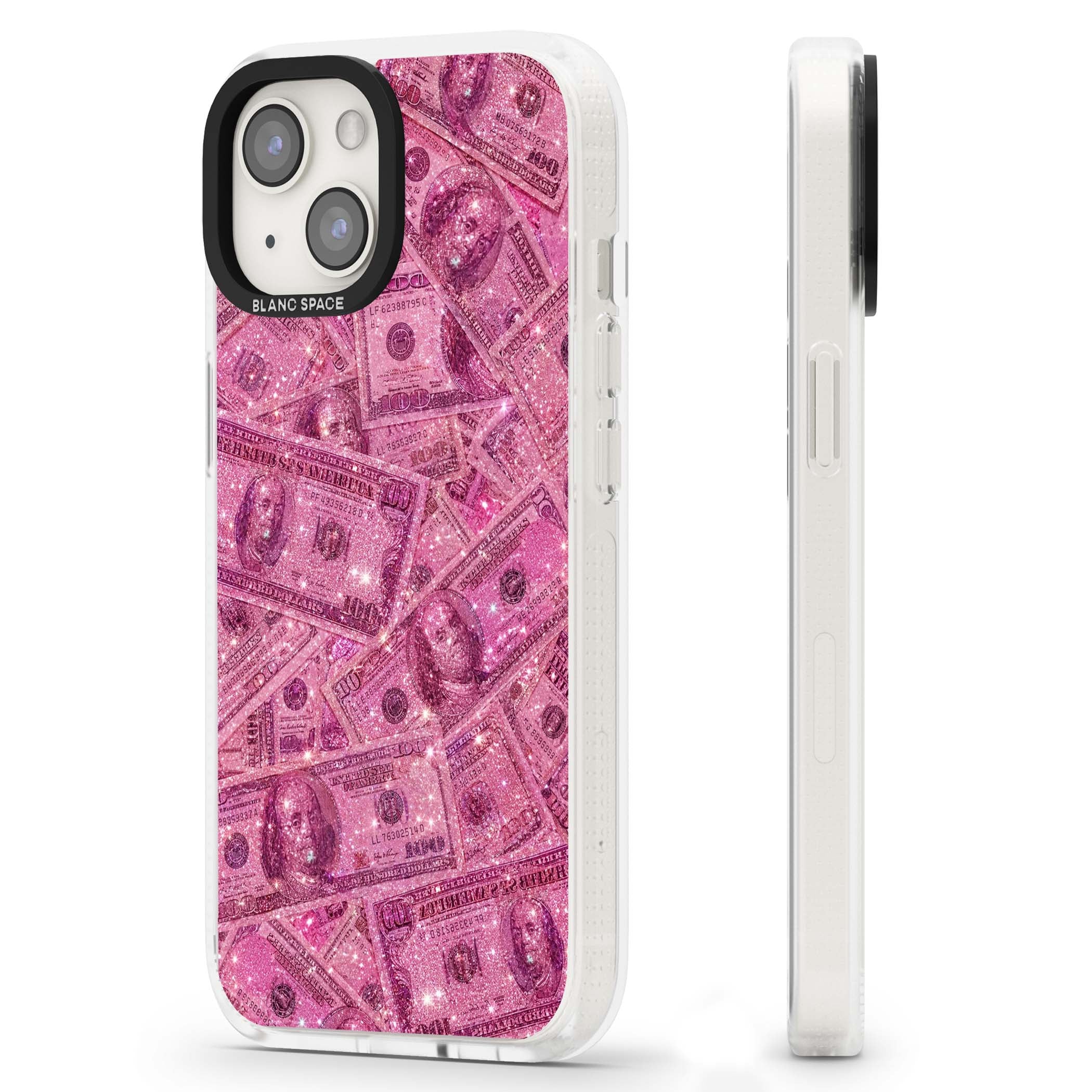 Glamorous baddie iPhone case featuring pink glitter hundred dollar bills and sparkling money wallpaper design | Clear Case Impact Air case for iPhone 15, iPhone 15 Plus