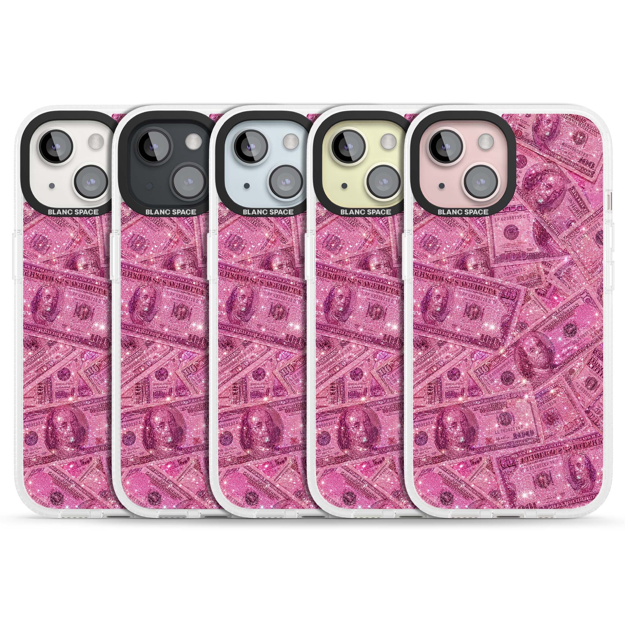 Glamorous baddie iPhone case featuring pink glitter hundred dollar bills and sparkling money wallpaper design | Clear Case Impact Air case for iPhone 15, iPhone 15 Plus