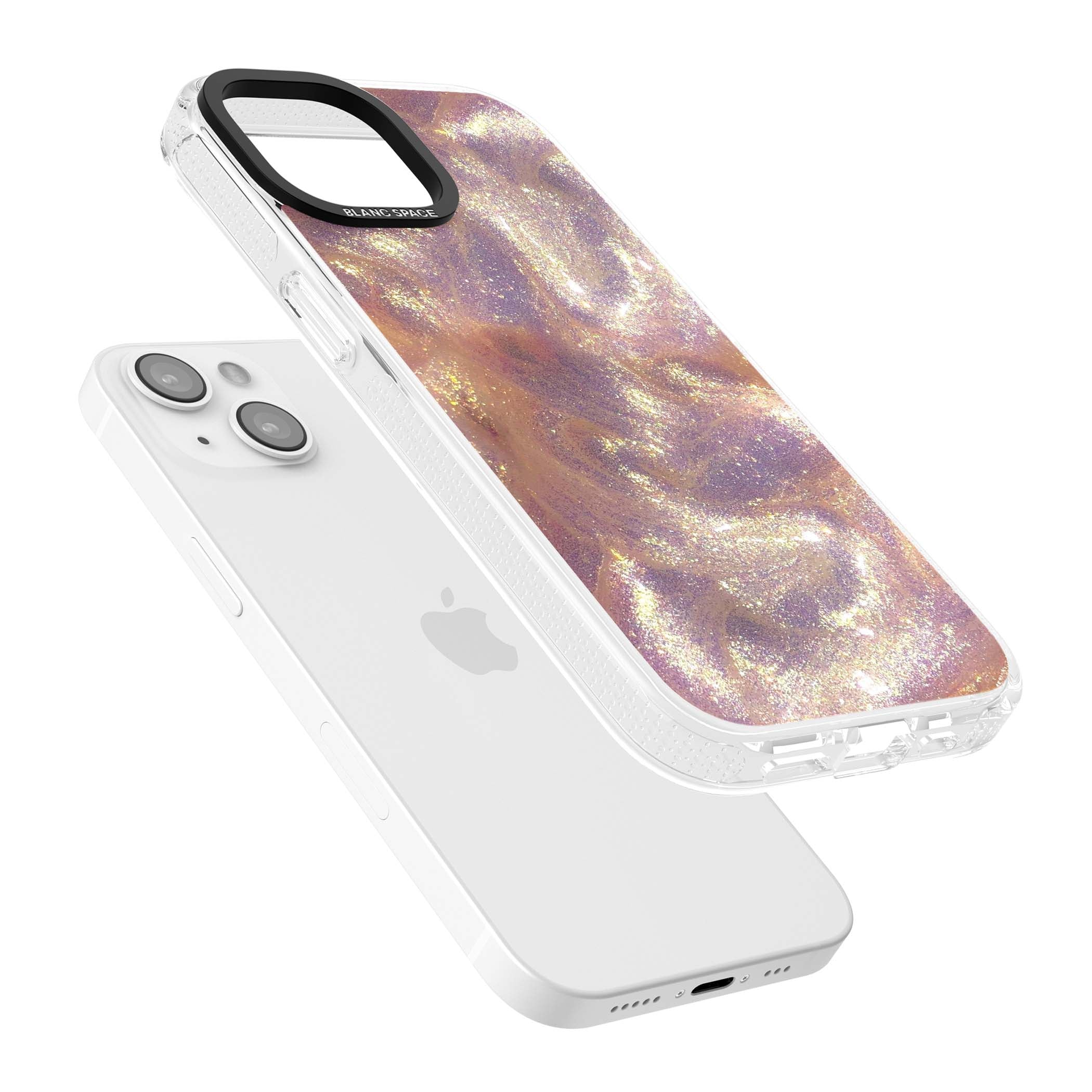 Shimmer marble iPhone case featuring rose gold glitter swirls, lilac shimmer and iridescent pearl finish | Clear Case Impact Air case for iPhone 15, iPhone 15 Plus