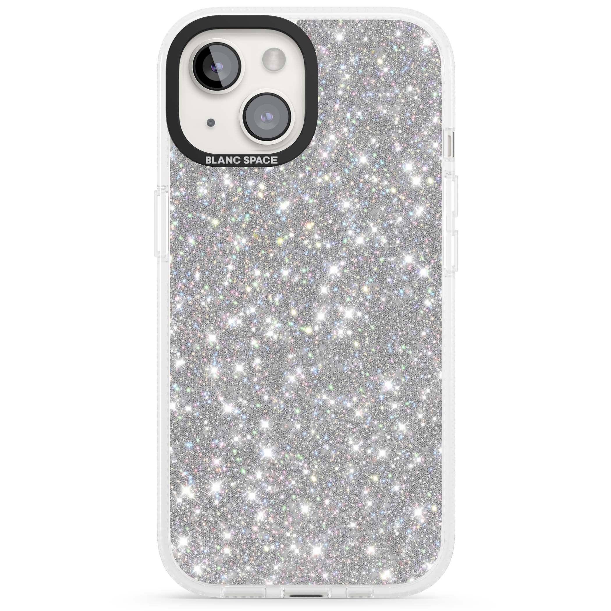 Diamond glam iPhone case featuring silver glitter sparkle and shimmering diamond dust effect | Clear Case Impact Air case for iPhone 15, iPhone 15 Plus