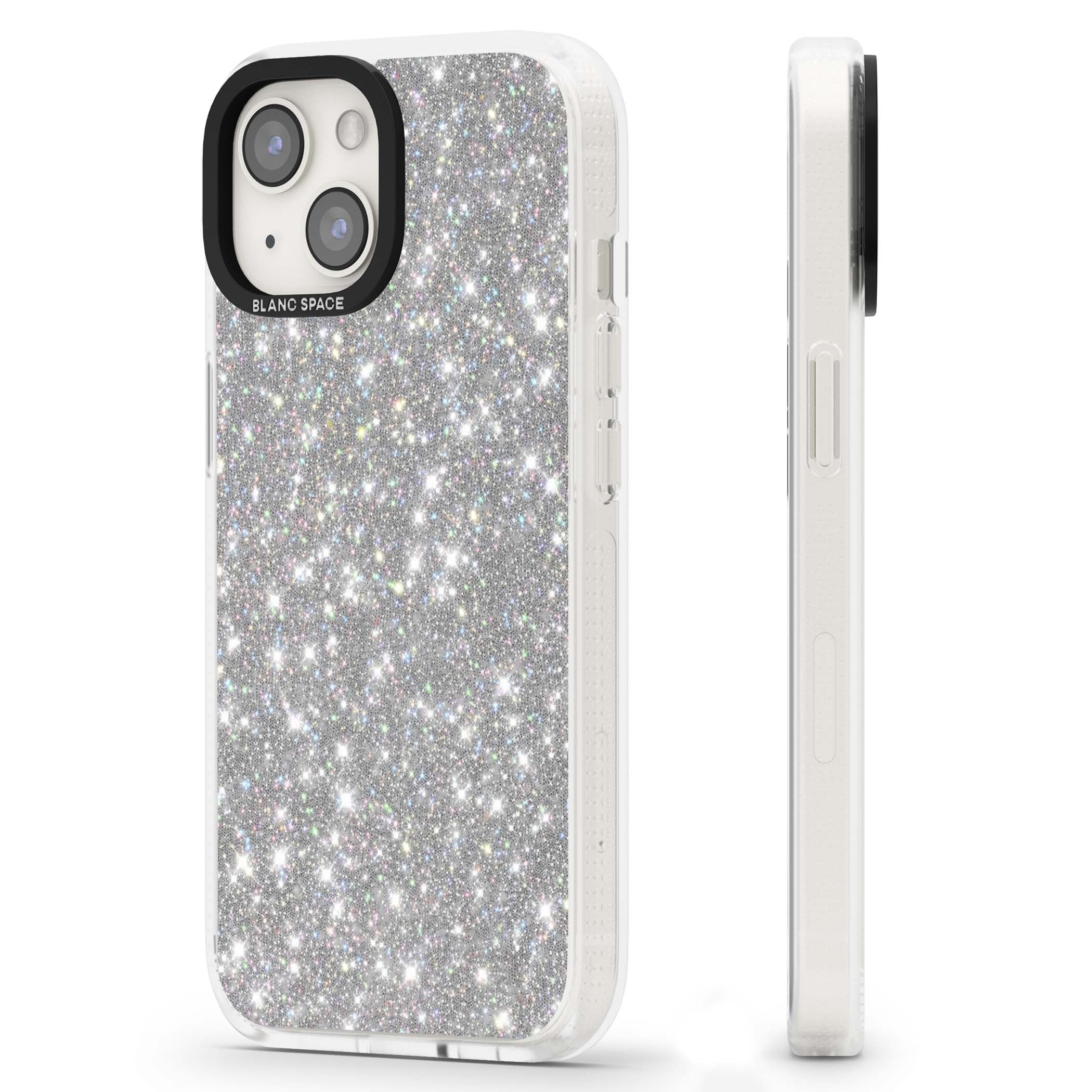 Diamond glam iPhone case featuring silver glitter sparkle and shimmering diamond dust effect | Clear Case Impact Air case for iPhone 15, iPhone 15 Plus