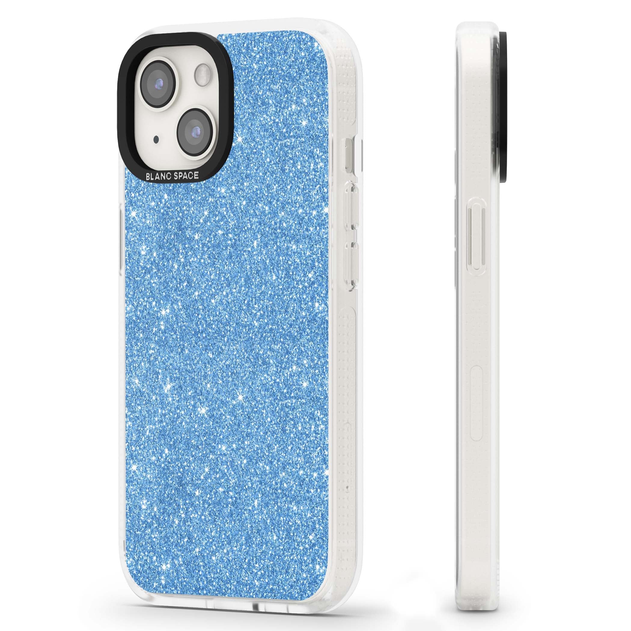 Blue Glitter blue glitter iPhone case featuring dense sparkling cerulean glitter with a glamorous shimmering finish | Clear Case Impact Air case for iPhone 15, iPhone 15 Plus