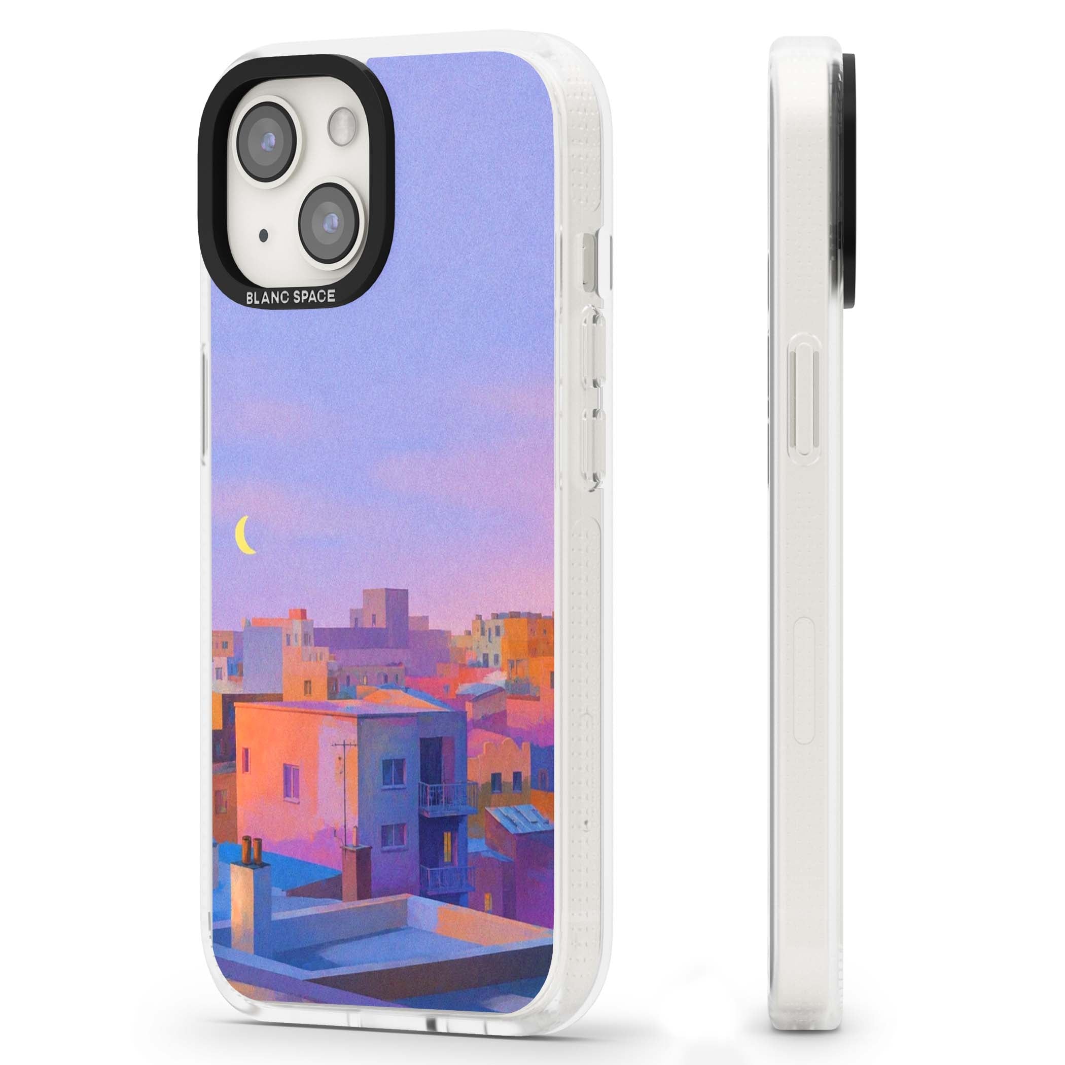 Twilight Rooftops vaporwave iPhone case featuring a pastel sunset cityscape, painted rooftops and a crescent moon. | Clear Case Impact Air case for iPhone 15, iPhone 15 Plus