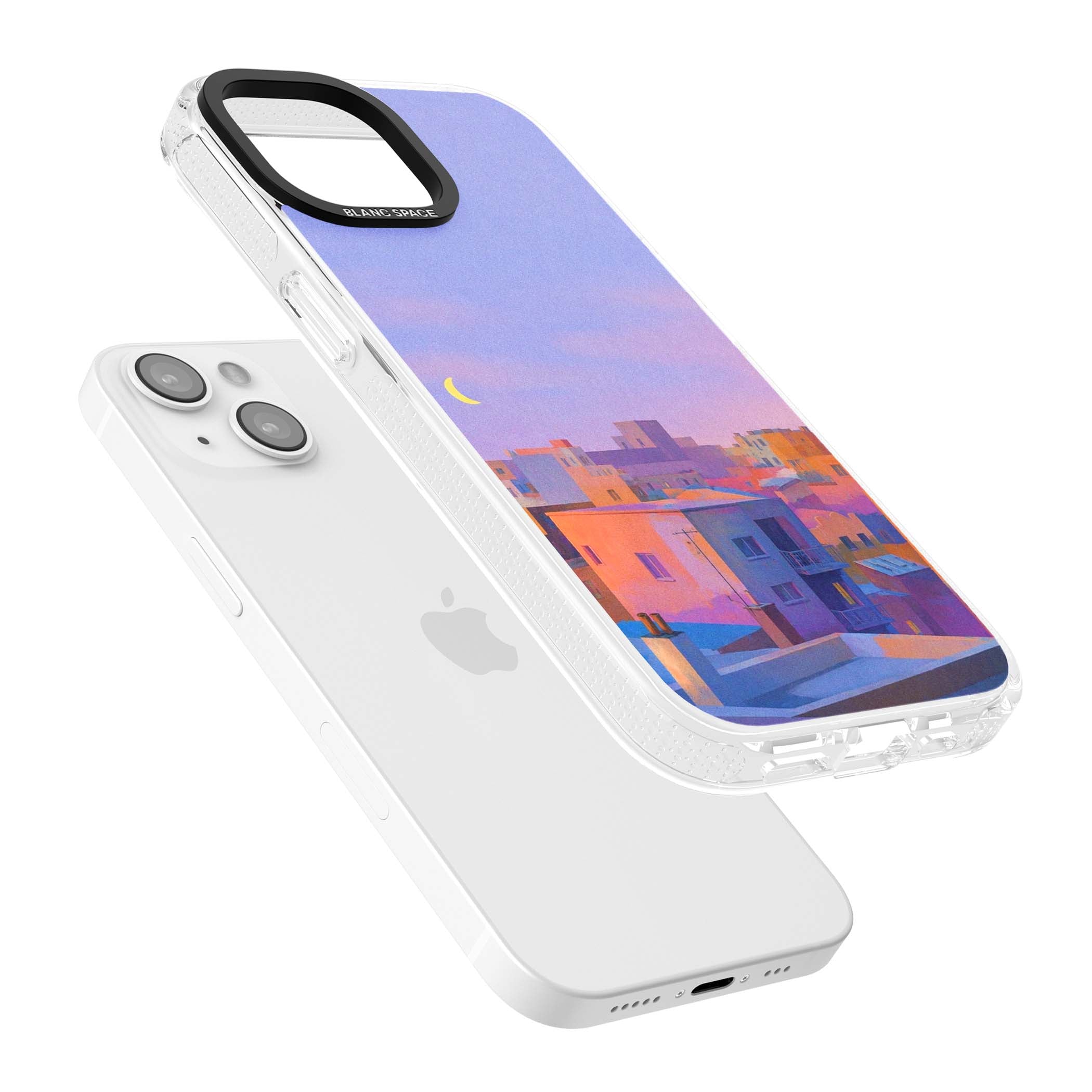 Twilight Rooftops vaporwave iPhone case featuring a pastel sunset cityscape, painted rooftops and a crescent moon. | Clear Case Impact Air case for iPhone 15, iPhone 15 Plus