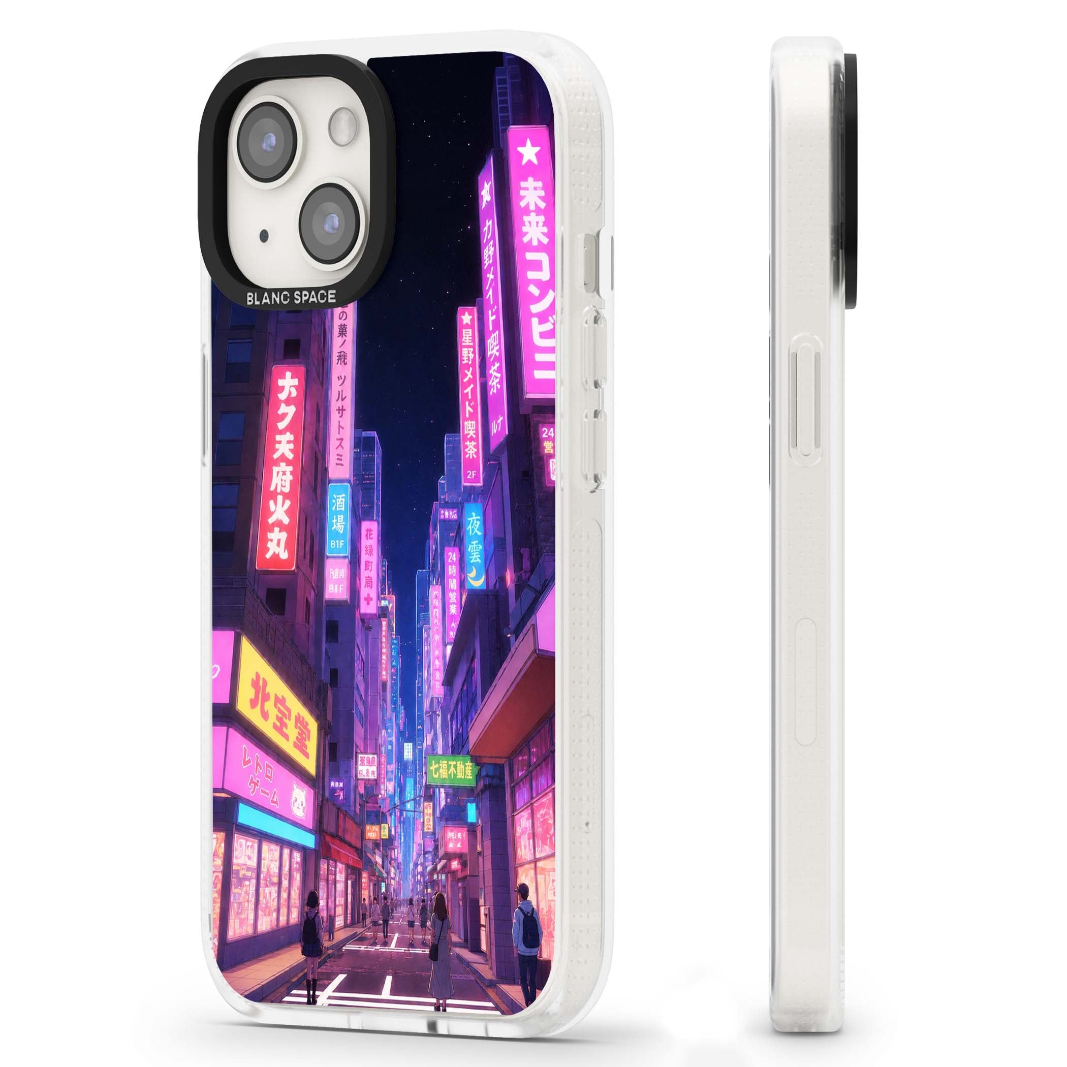 Shibuya At Night Japanese neon city iPhone case featuring glowing kanji signs, pink storefronts and a Tokyo street at n | Clear Case Impact Air case for iPhone 15, iPhone 15 Plus