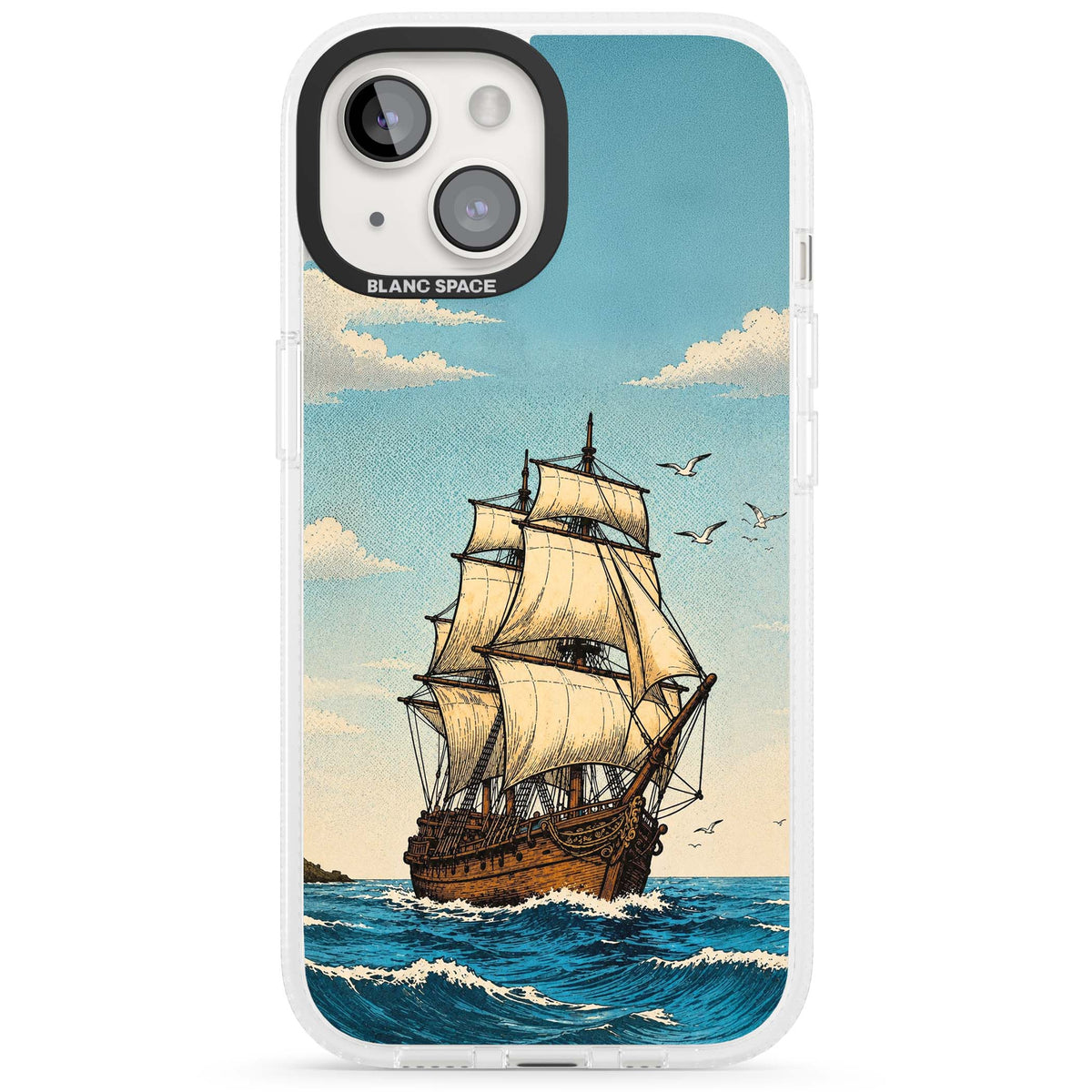 Ship at Sea nautical iPhone case featuring a vintage tall ship, ocean waves and seagulls | Clear Case Impact Air case for iPhone 15, iPhone 15 Plus