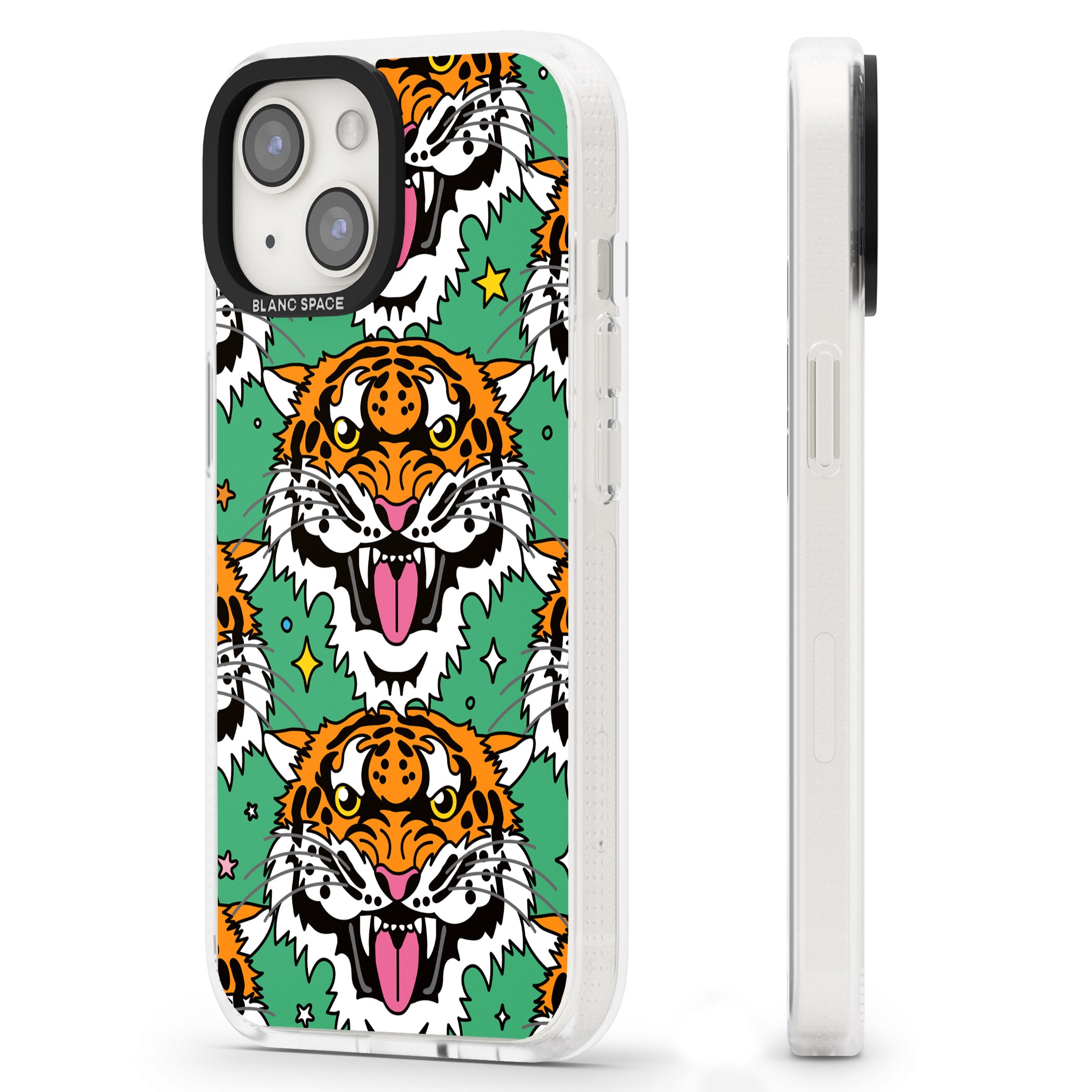 Fierce Jungle Tigers (Green) iPhone 15 / 14 / 13 Clear Case Impact Air - Blanc Space