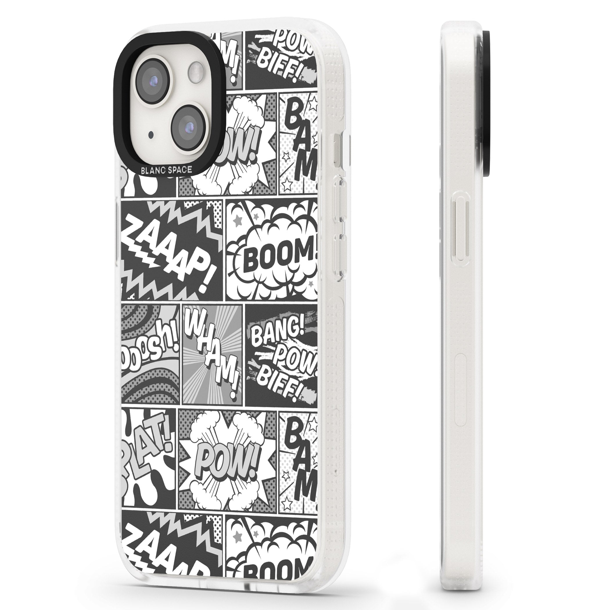 Onomatopoeia (Black & White) iPhone 15 / 14 / 13 Clear Case Impact Air - Blanc Space
