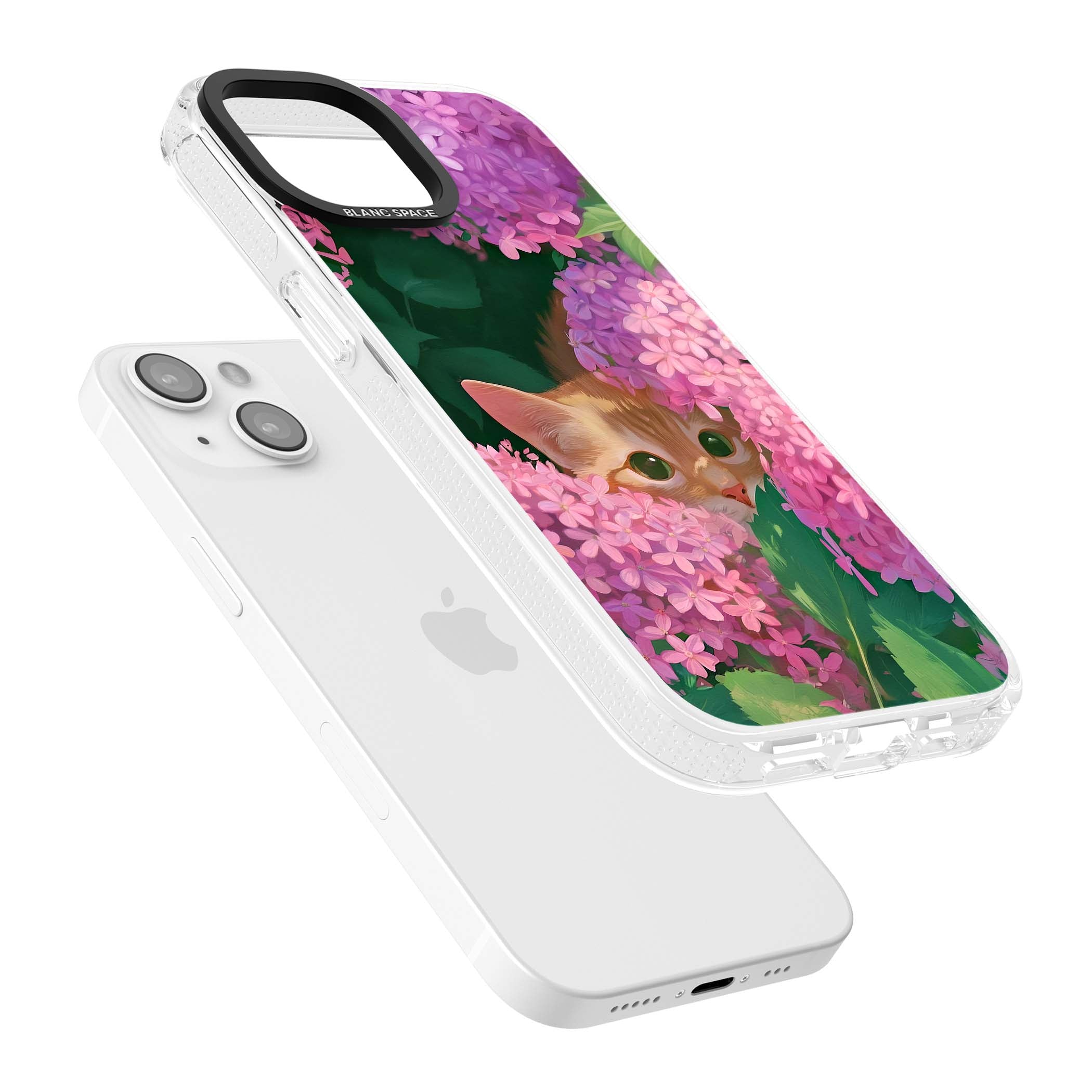 Cat In Pink Flowers cottagecore iPhone case featuring a ginger kitten peeking through lilac and pink hydrangea flo | Clear Case Impact Air case for iPhone 15, iPhone 15 Plus
