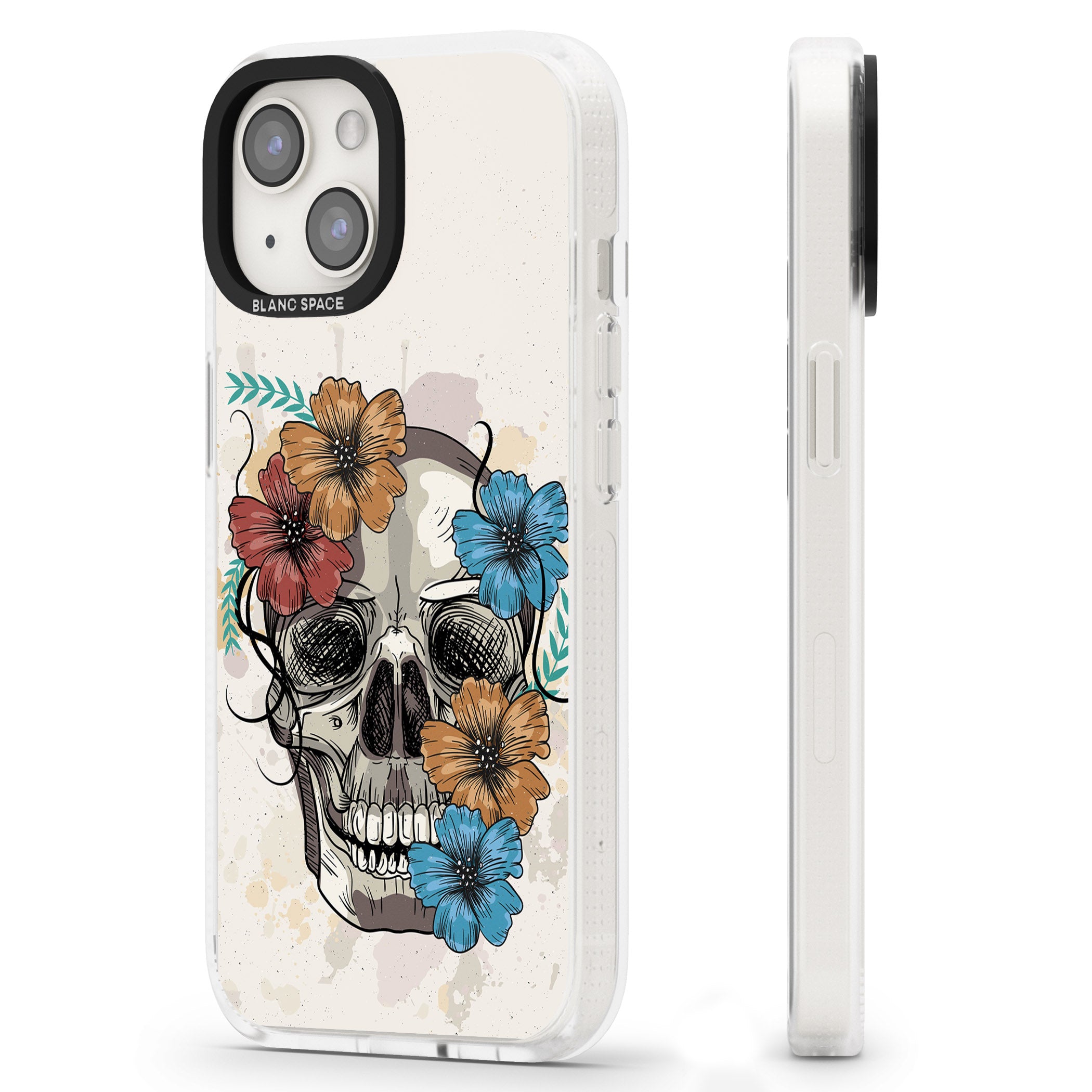 Sugar Skull Floral iPhone 15 / 14 / 13 Clear Case Impact Air - Blanc Space