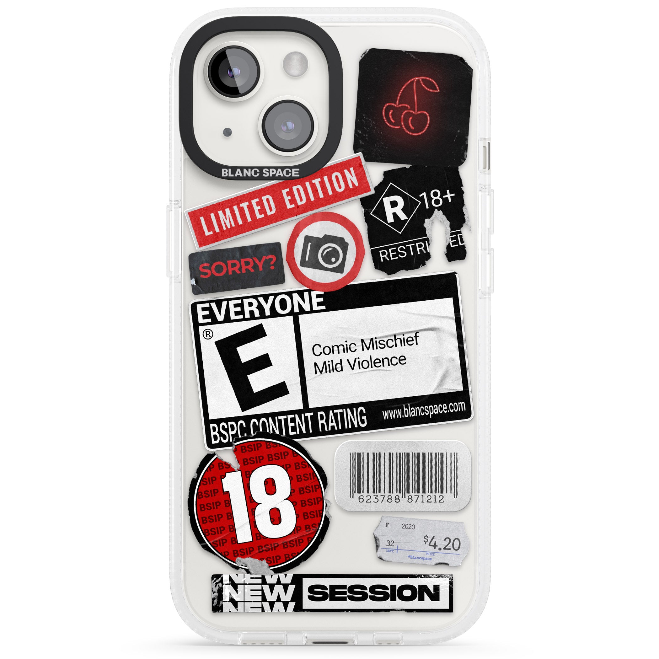 Rated 18+ Sticker Mix iPhone 15 / 14 / 13 Clear Case Impact Air - Blanc Space