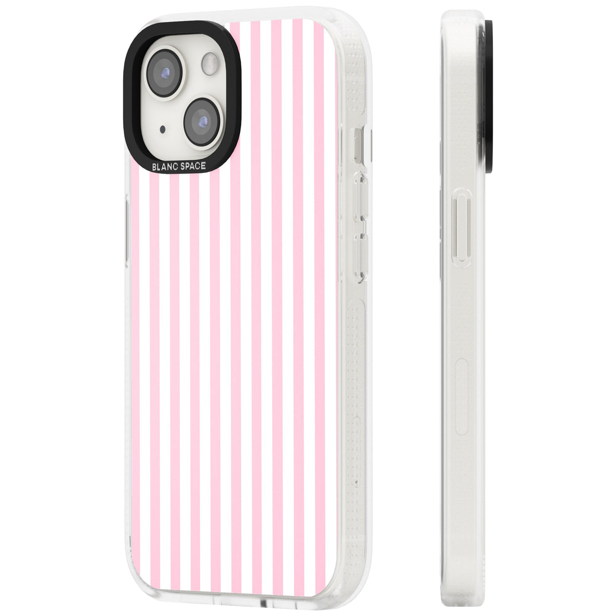 Pink Stripe preppy iPhone case featuring soft pastel pink and white vertical candy stripes iPhone 12 / 12 Pro / iPhone 12 / iPhone 12 Pro / iPhone 13 / iPhone 14 / iPhone 14 Plus / iPhone 15 / iPhone 15 Plus Impact Air Phone Case side