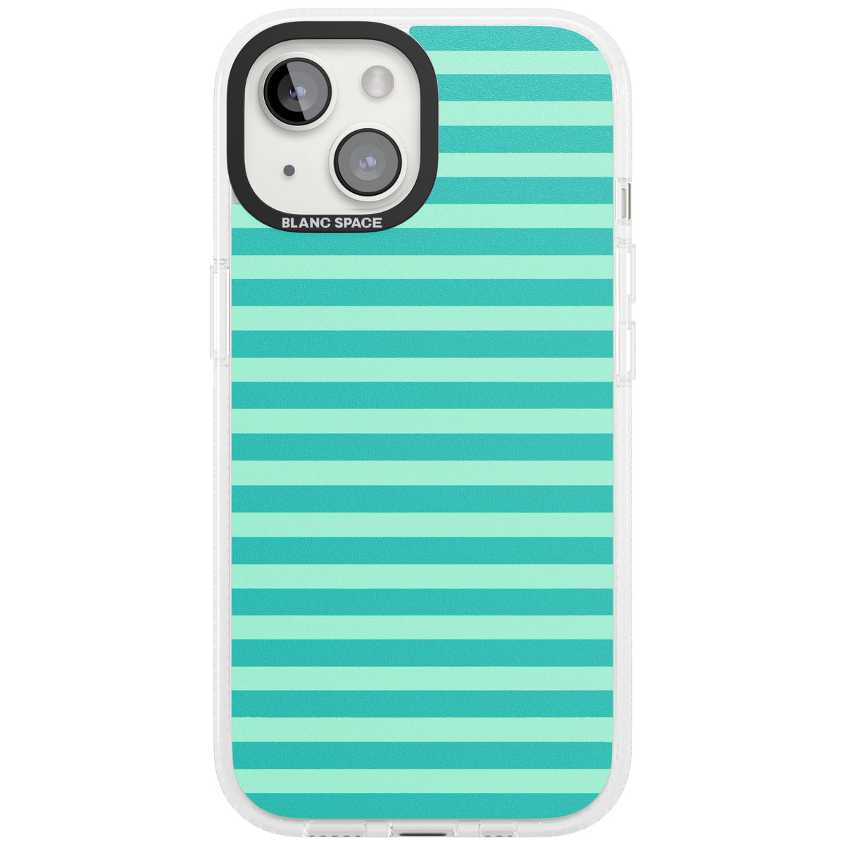 Turquoise Stripe preppy iPhone case featuring horizontal teal and mint green stripes on a black protective frame iPhone 12 / 12 Pro / iPhone 12 / iPhone 12 Pro / iPhone 13 / iPhone 14 / iPhone 14 Plus / iPhone 15 Impact Air Phone Case front