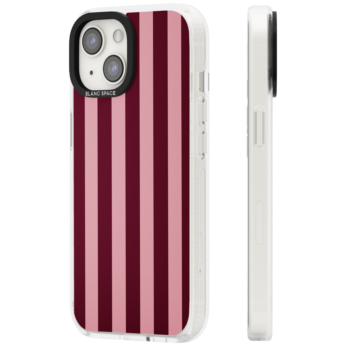 Bordeaux Belle preppy iPhone case featuring bold vertical stripes in burgundy and soft blush pink iPhone 12 / 12 Pro / iPhone 12 / iPhone 12 Pro / iPhone 13 / iPhone 14 / iPhone 14 Plus / iPhone 15 / iPhone 15 Plus Impact Air Phone Case side