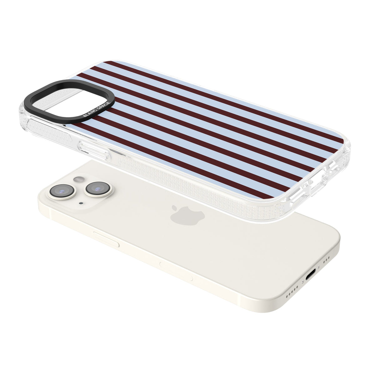 Blackcurrant Stripe preppy iPhone case featuring vertical burgundy and light blue stripes in a classic pinstripe layout iPhone 12 / 12 Pro / iPhone 12 / iPhone 12 Pro / iPhone 13 / iPhone 14 / iPhone 14 Plus / iPhone 15 / iPhone 15 Plus Impact Air Phone Case angled