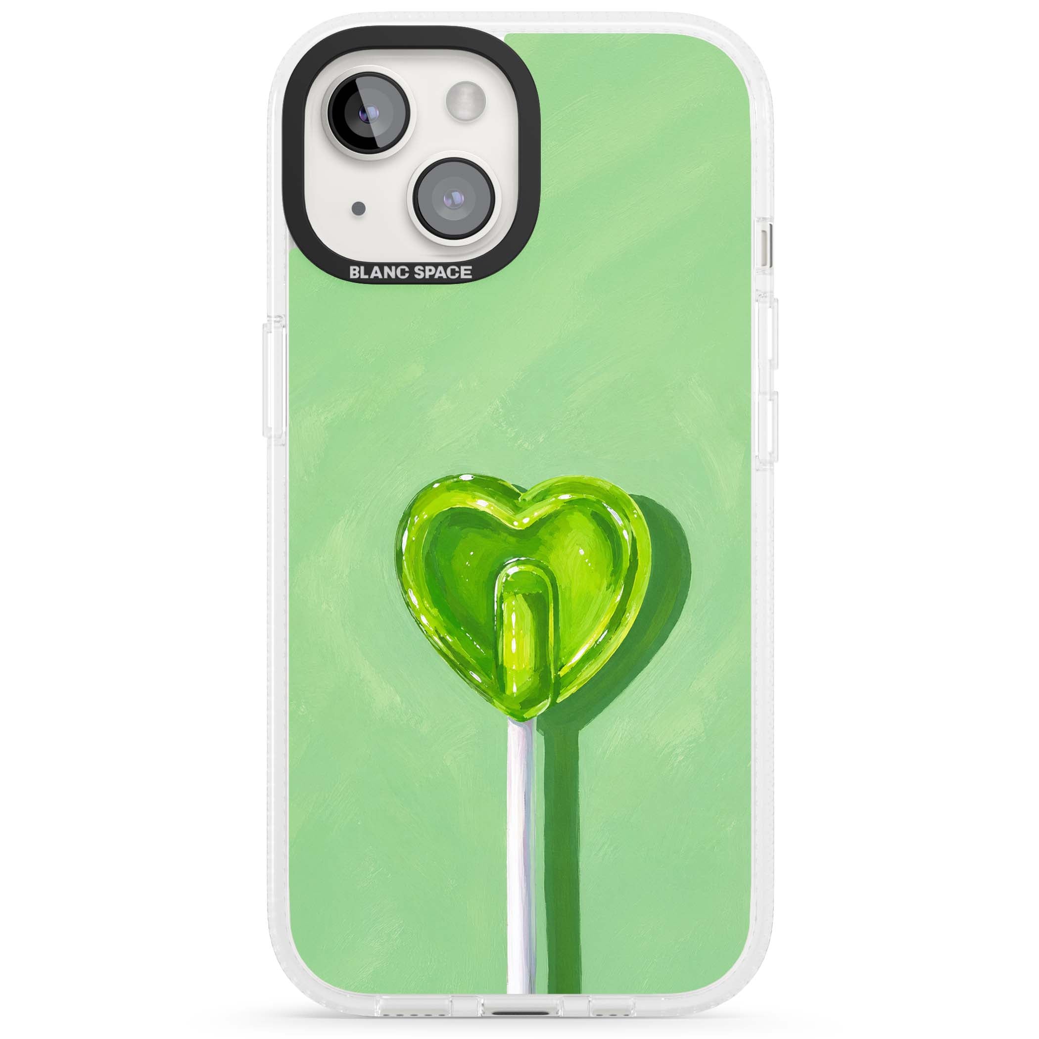 Green Lollipop candy art iPhone case featuring a glossy green heart-shaped lollipop on a painted pastel green background | Clear Case Impact Air case for iPhone 15, iPhone 15 Plus