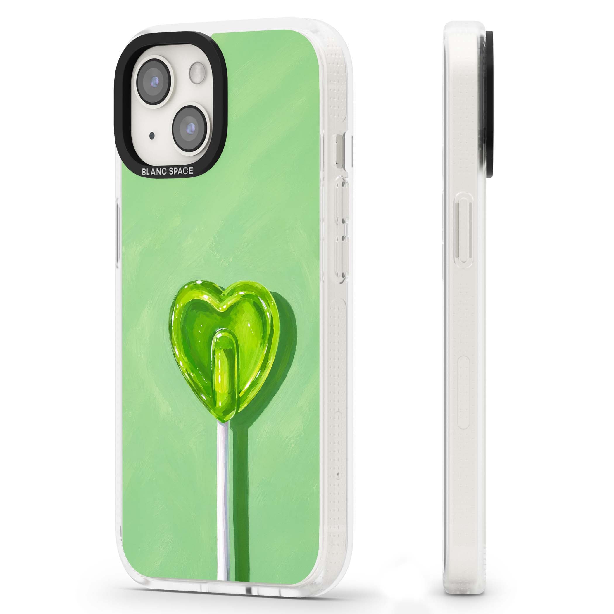 Green Lollipop candy art iPhone case featuring a glossy green heart-shaped lollipop on a painted pastel green background | Clear Case Impact Air case for iPhone 15, iPhone 15 Plus
