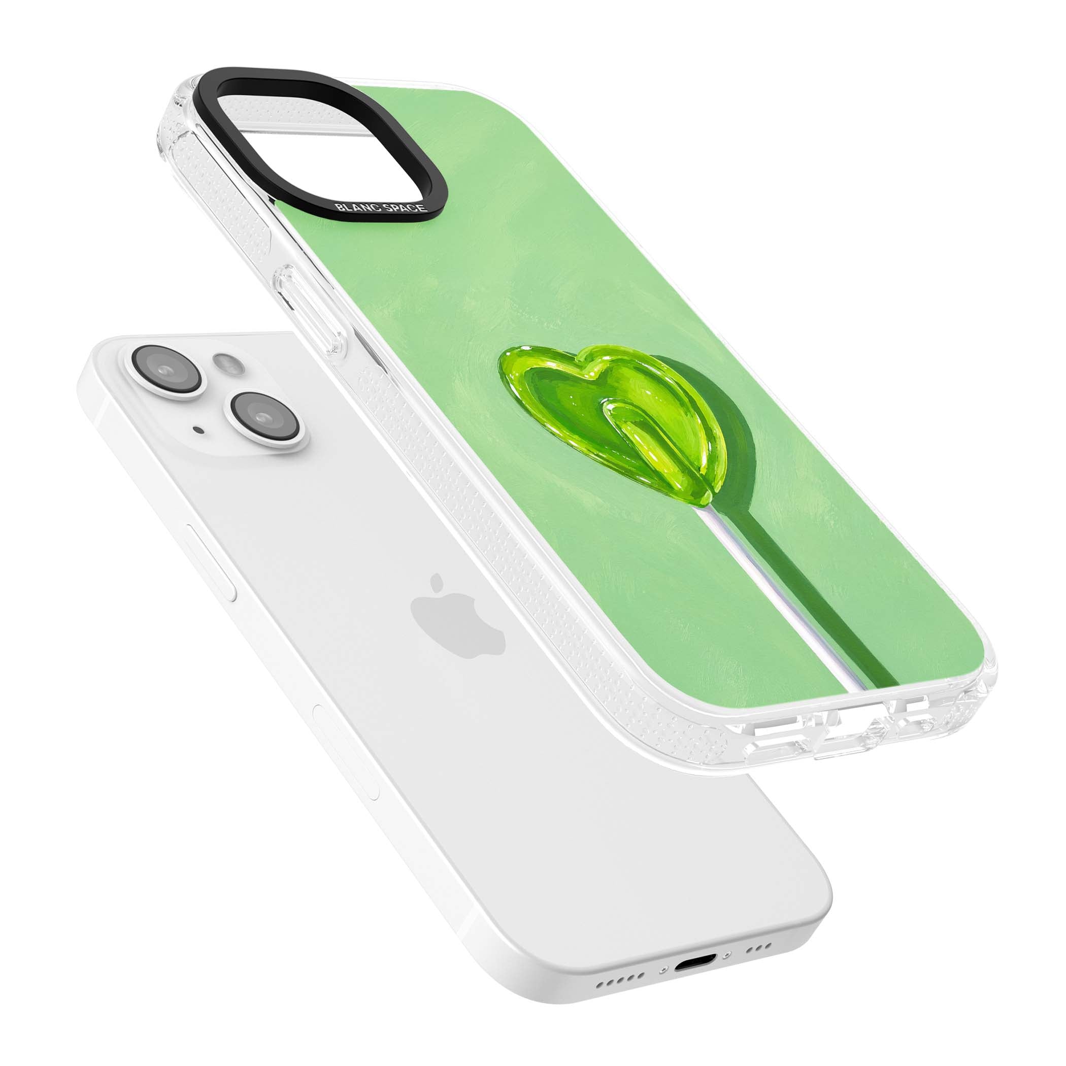 Green Lollipop candy art iPhone case featuring a glossy green heart-shaped lollipop on a painted pastel green background | Clear Case Impact Air case for iPhone 15, iPhone 15 Plus