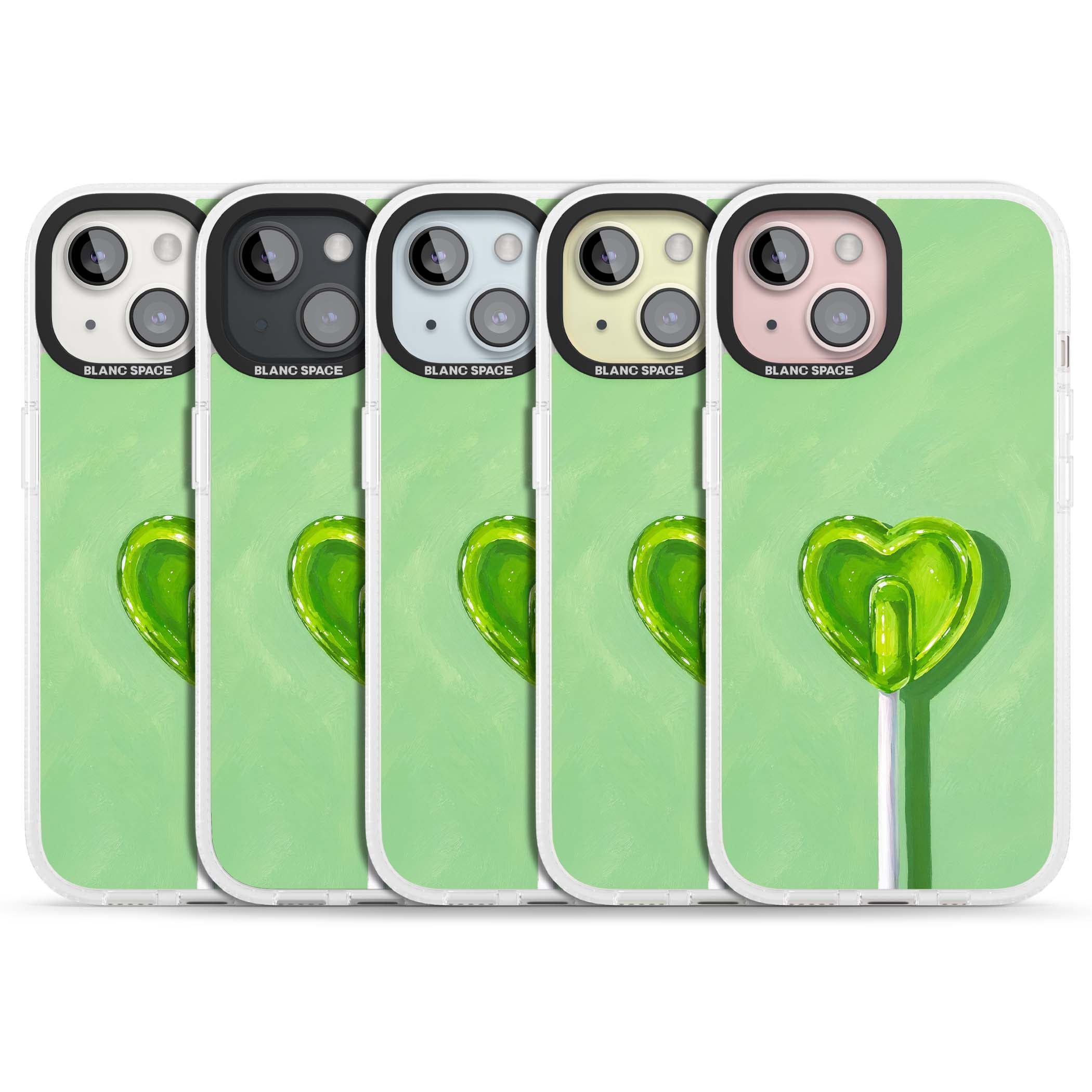 Green Lollipop candy art iPhone case featuring a glossy green heart-shaped lollipop on a painted pastel green background | Clear Case Impact Air case for iPhone 15, iPhone 15 Plus