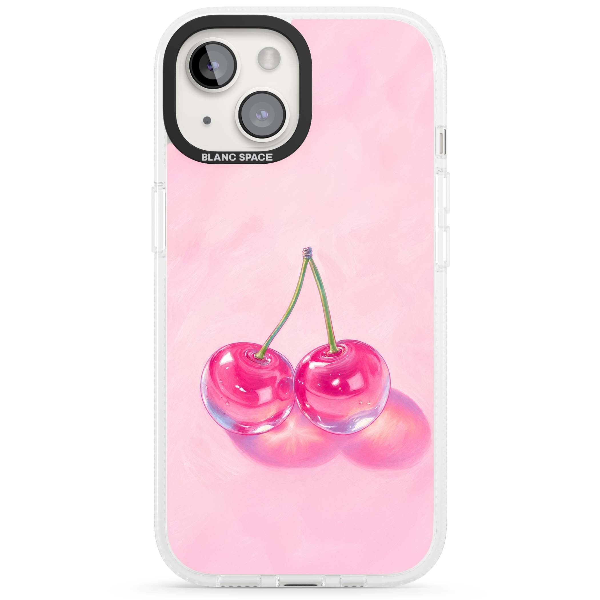 Pink Glass Cherry coquette iPhone case featuring two glossy painted cherries on a soft pink background | Clear Case Impact Air case for iPhone 15, iPhone 15 Plus