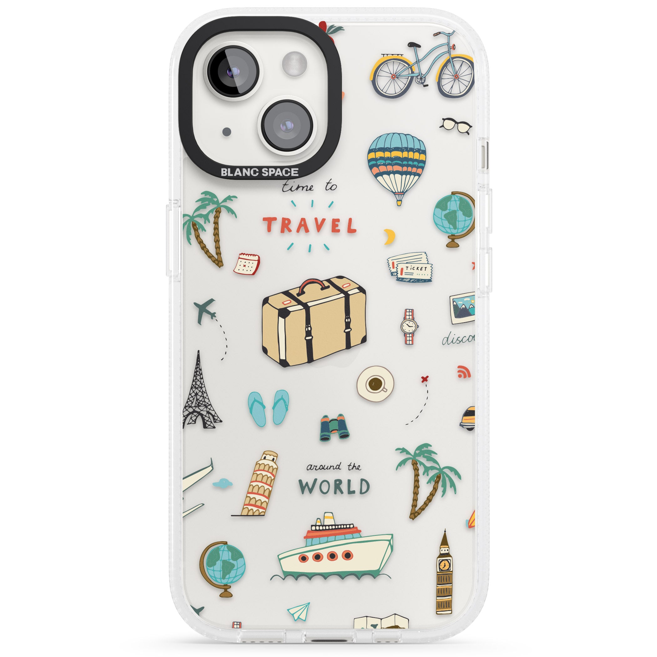 Cute Travel Pattern Transparent iPhone 15 / 14 / 13 Clear Case Impact Air - Blanc Space