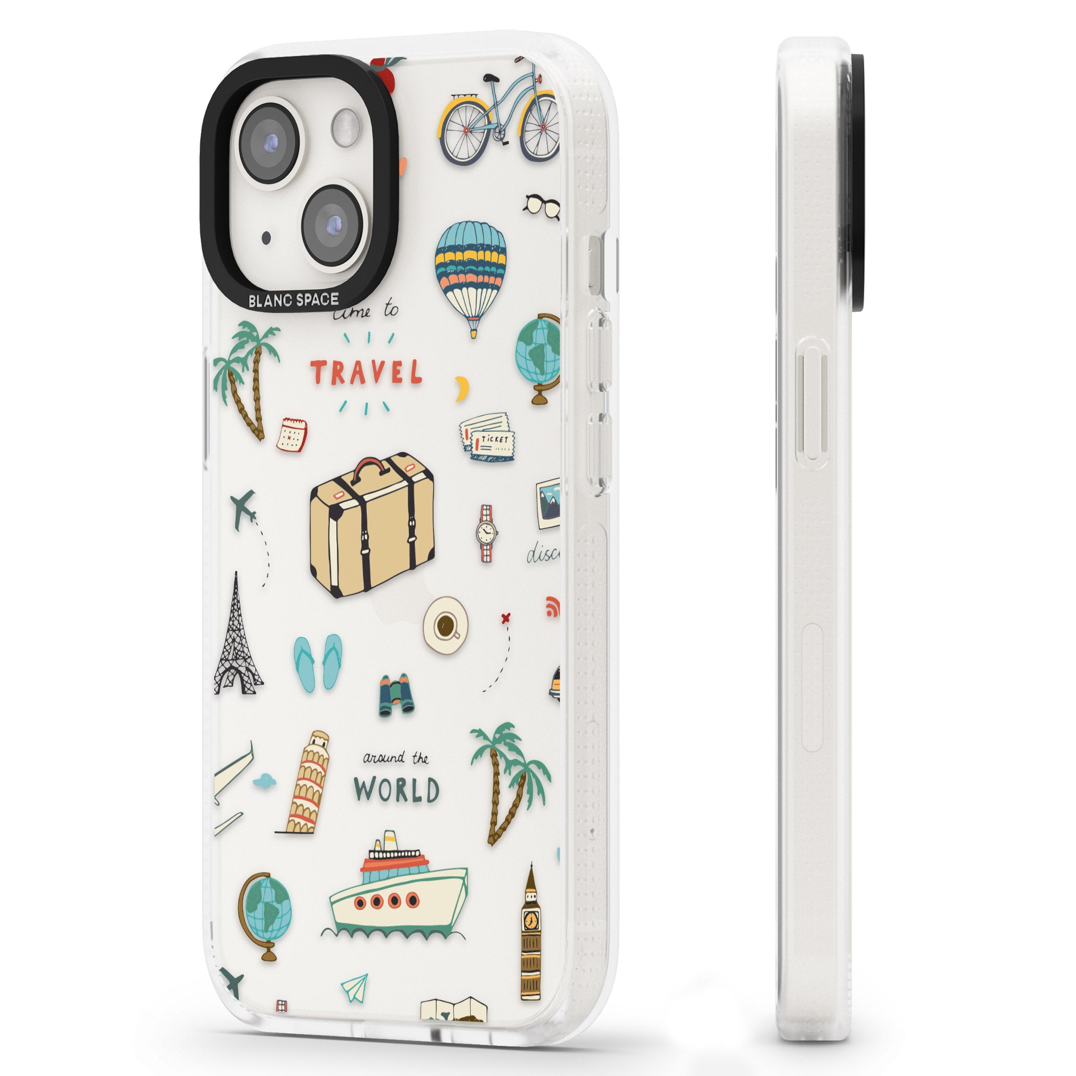 Cute Travel Pattern Transparent iPhone 15 / 14 / 13 Clear Case Impact Air - Blanc Space